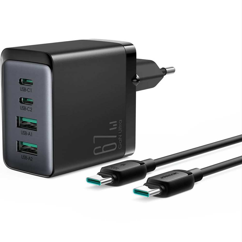 شارژر دیواری تایپ سی و یو اس بی 67 وات با کابل دو سر تایپ سی جویروم TCG02