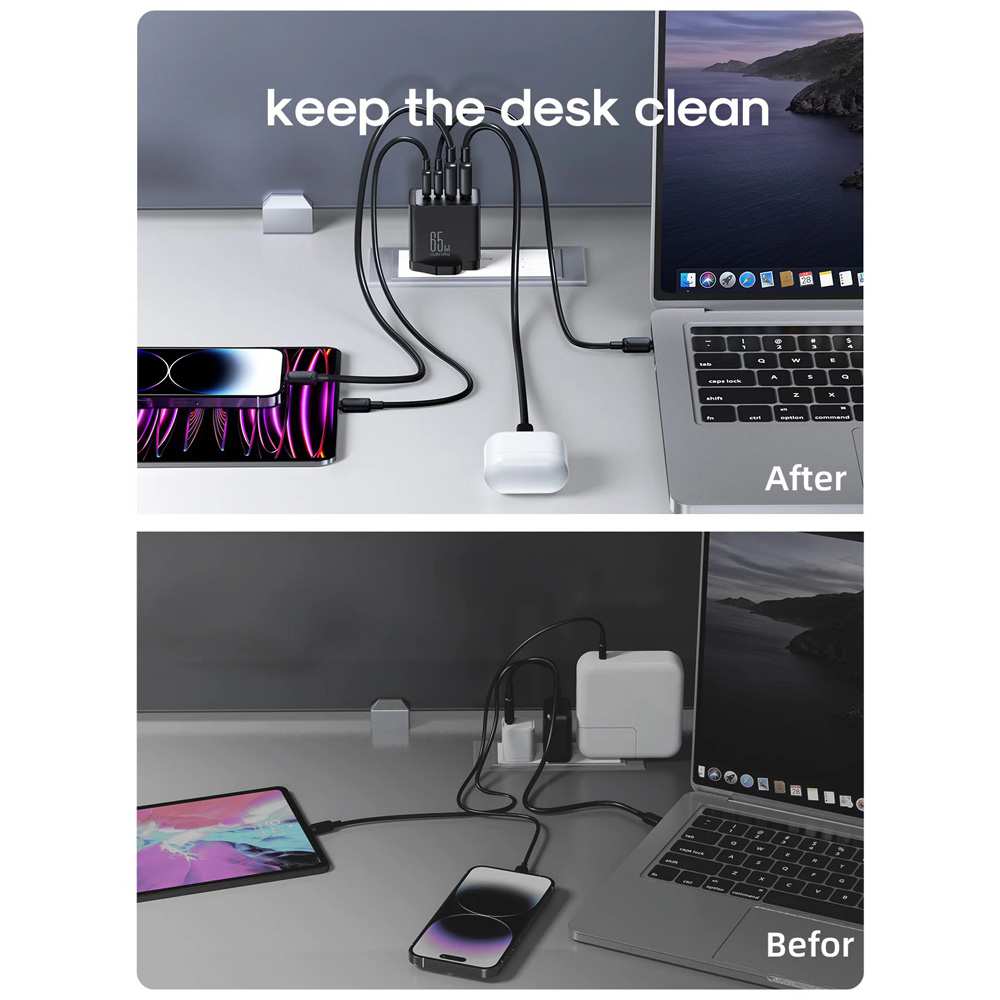 شارژر دیواری تایپ سی و یو اس بی 67 وات با کابل دو سر تایپ سی جویروم TCG02