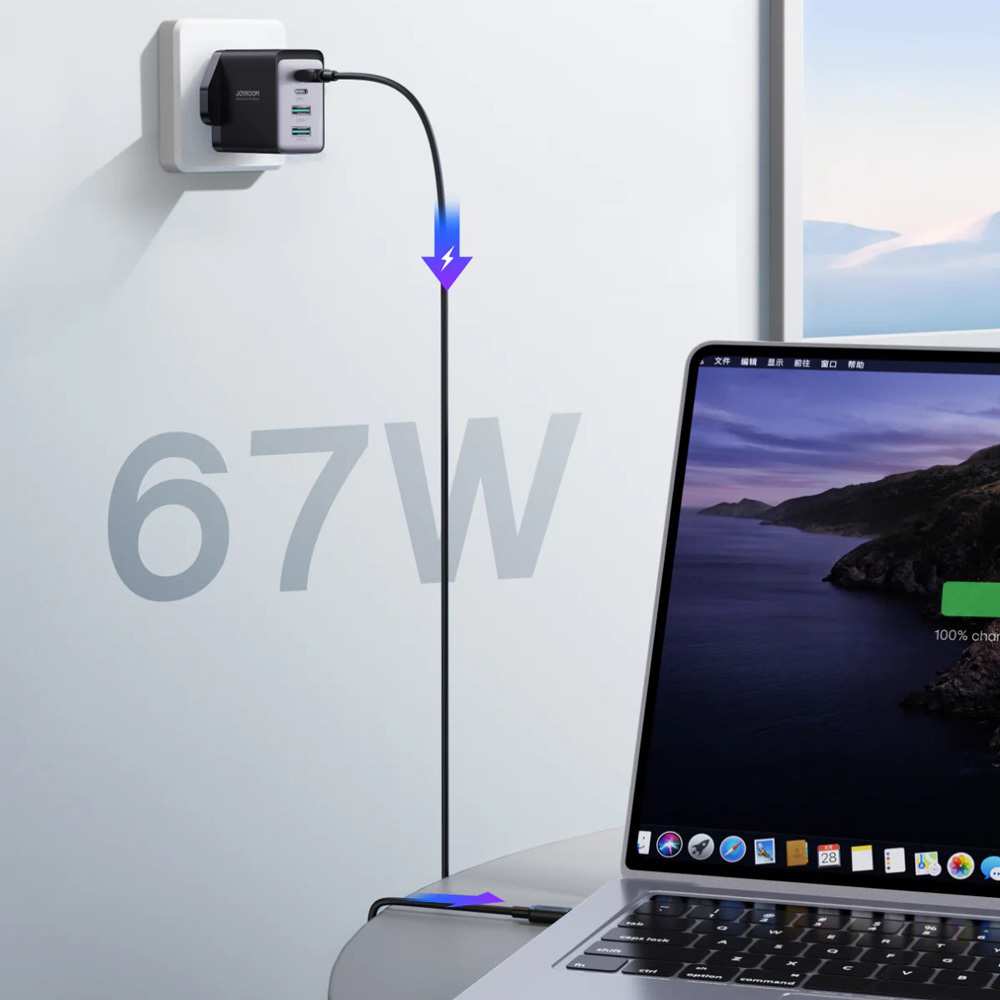شارژر دیواری تایپ سی و یو اس بی 67 وات با کابل دو سر تایپ سی جویروم TCG02