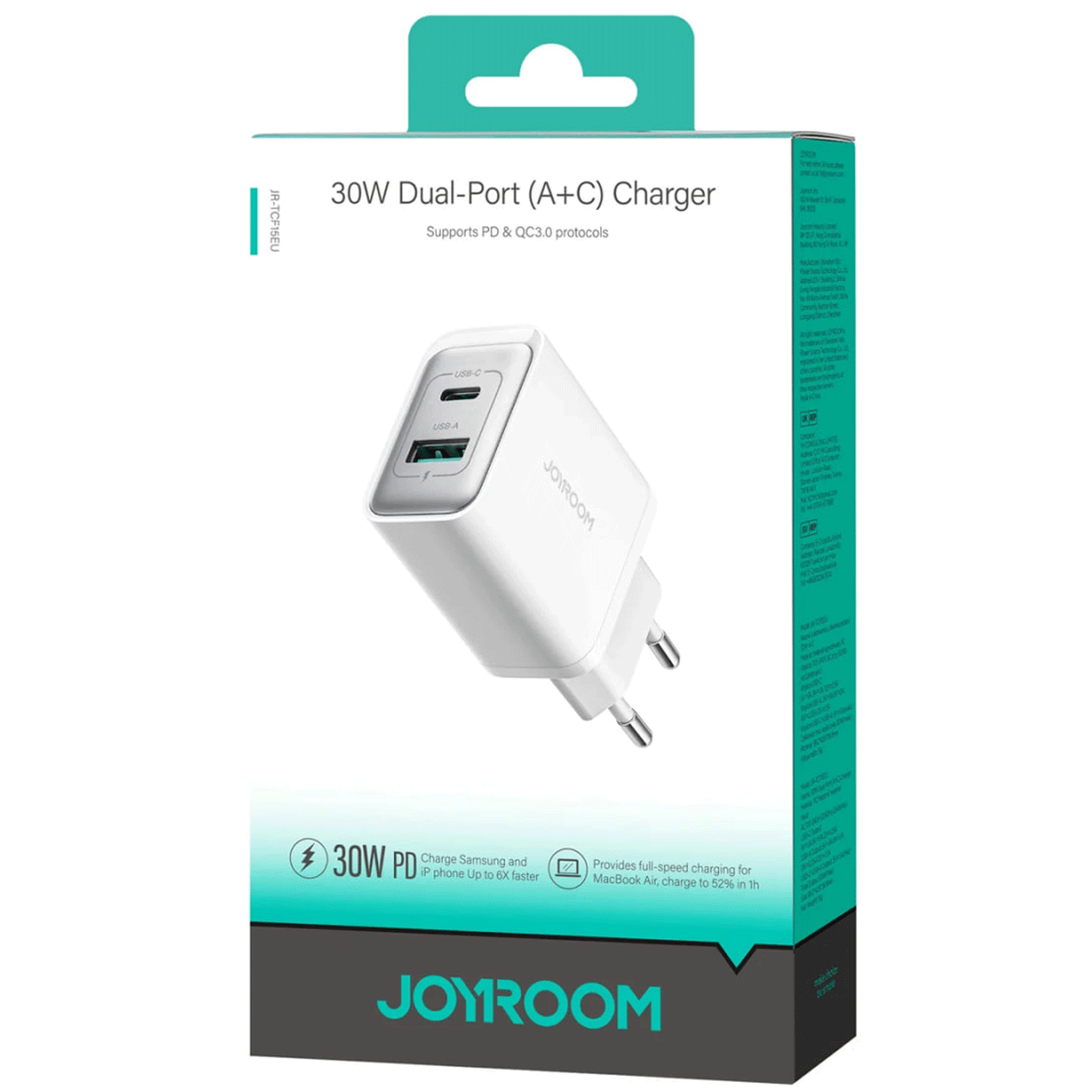 شارژر دیواری تایپ سی و یو اس بی 30 وات جویروم JR-TCF15EU