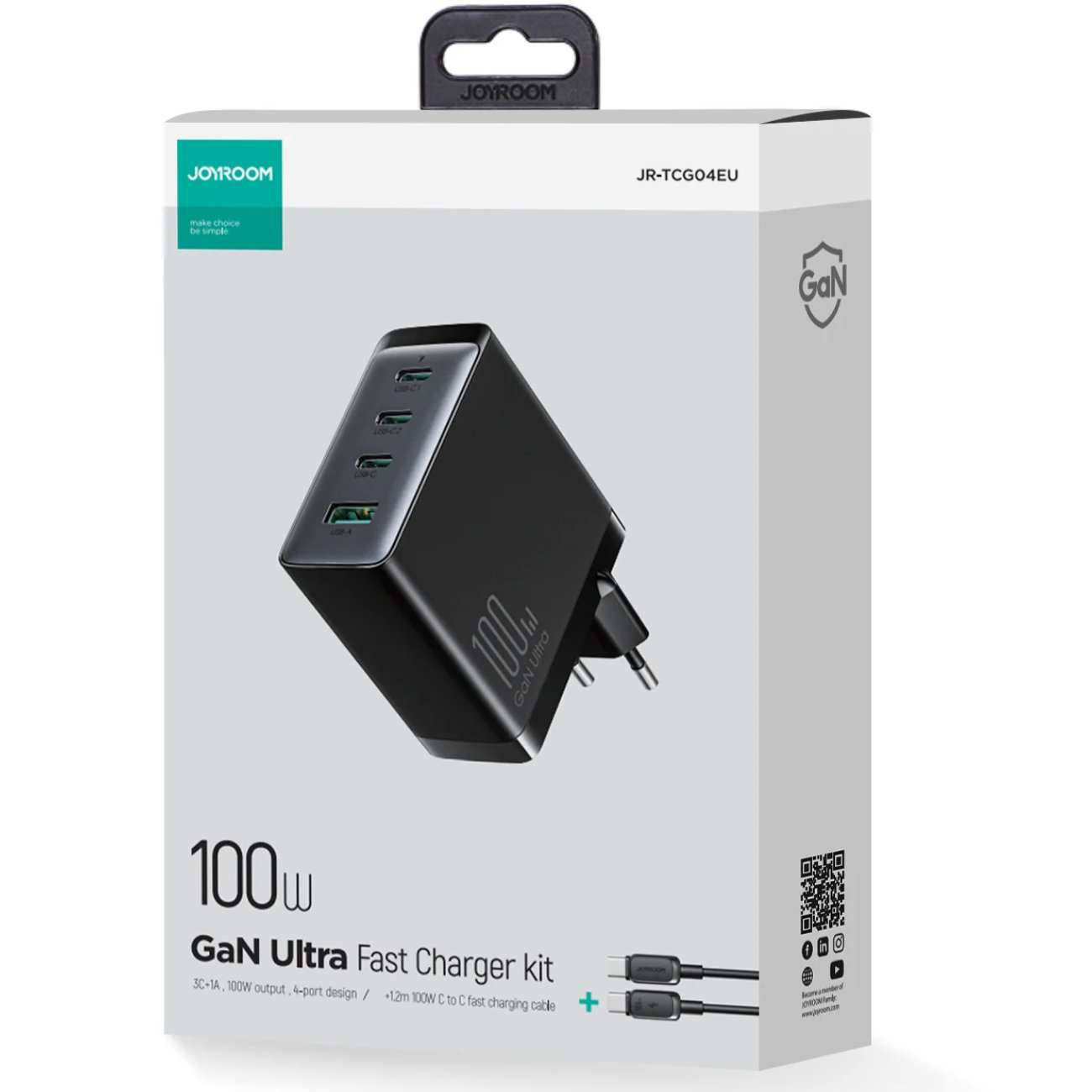 شارژر دیواری سوپر فست شارژ تایپ سی و یو اس بی 100 وات با کابل دو سر تایپ سی جویروم JR-TCG04EU