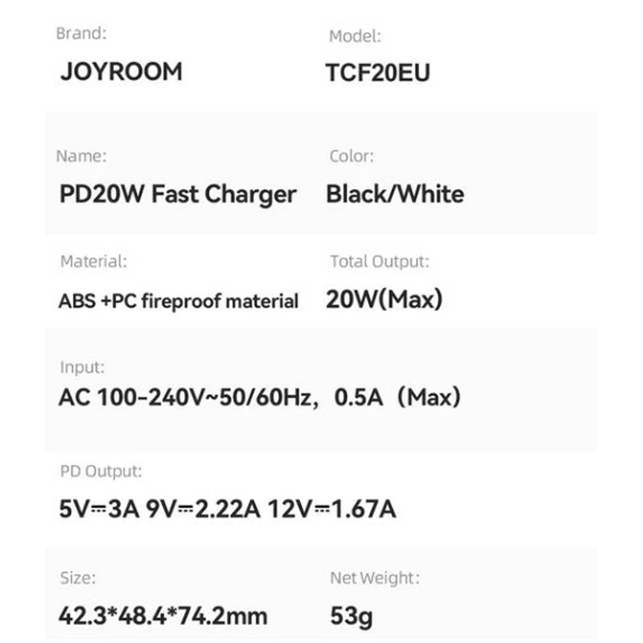 شارژر دیواری فست شارژ تایپ سی 20 وات جویروم JR-TCF20EU