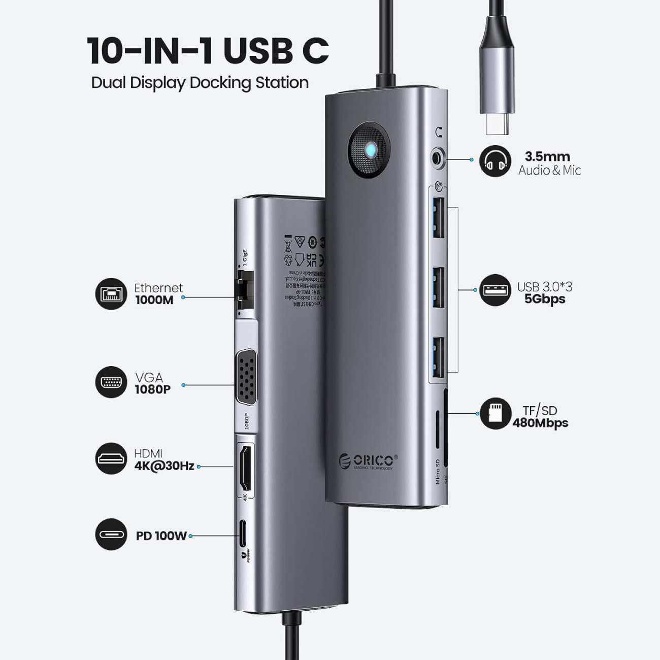 هاب تایپ سی 10 پورت اوریکو PW11-10P