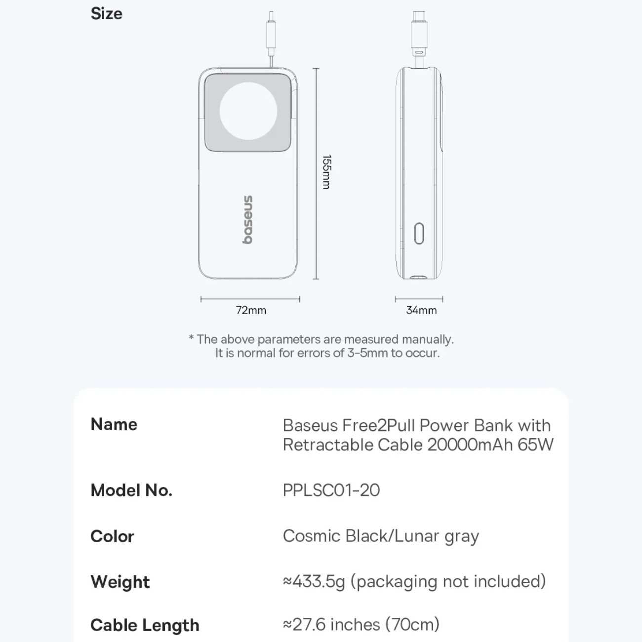 پاور بانک فست شارژ تایپ سی 65 وات 20000 با کابل تایپ سی بیسوس P10070900122-00