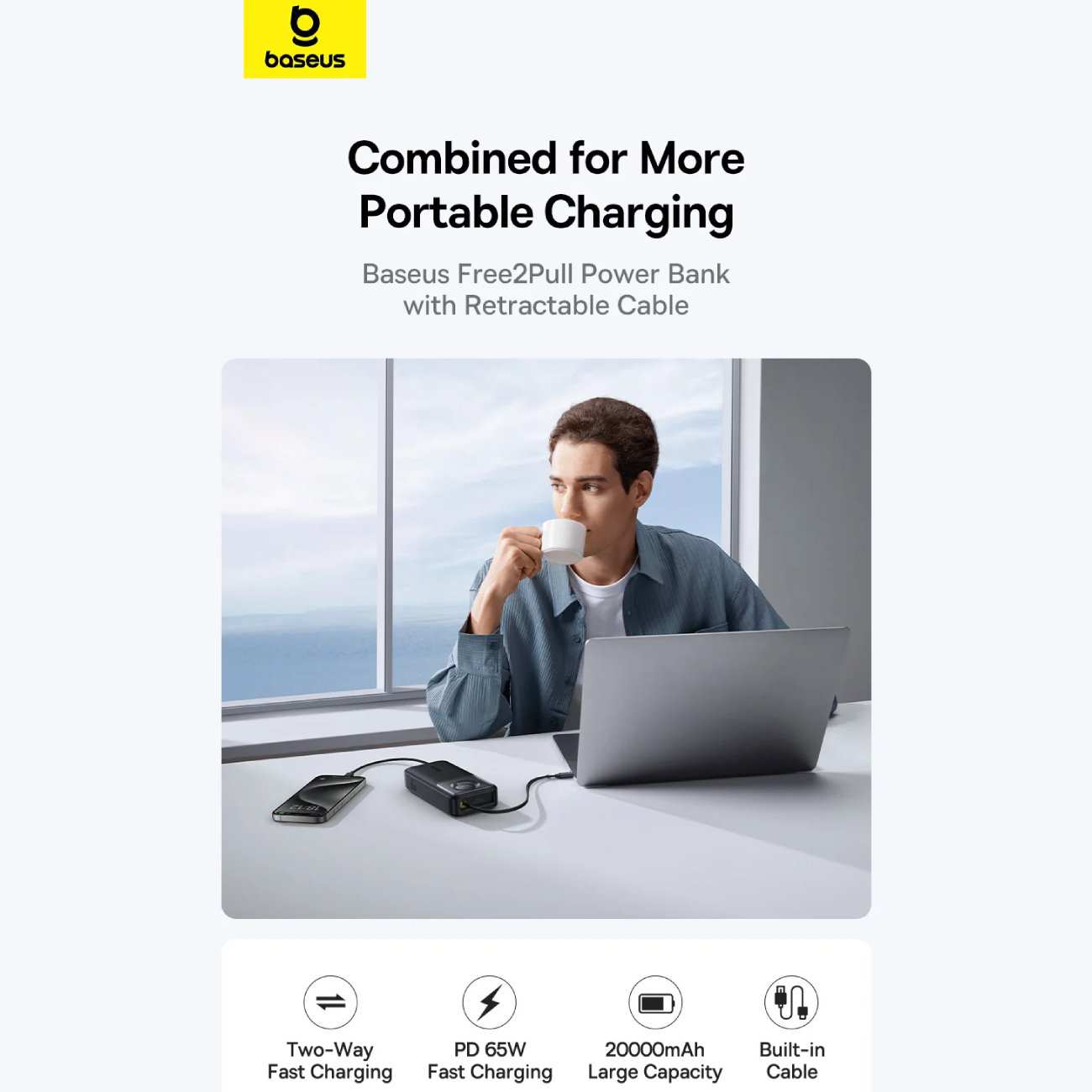 پاور بانک فست شارژ تایپ سی 65 وات 20000 با کابل تایپ سی بیسوس P10070900122-00