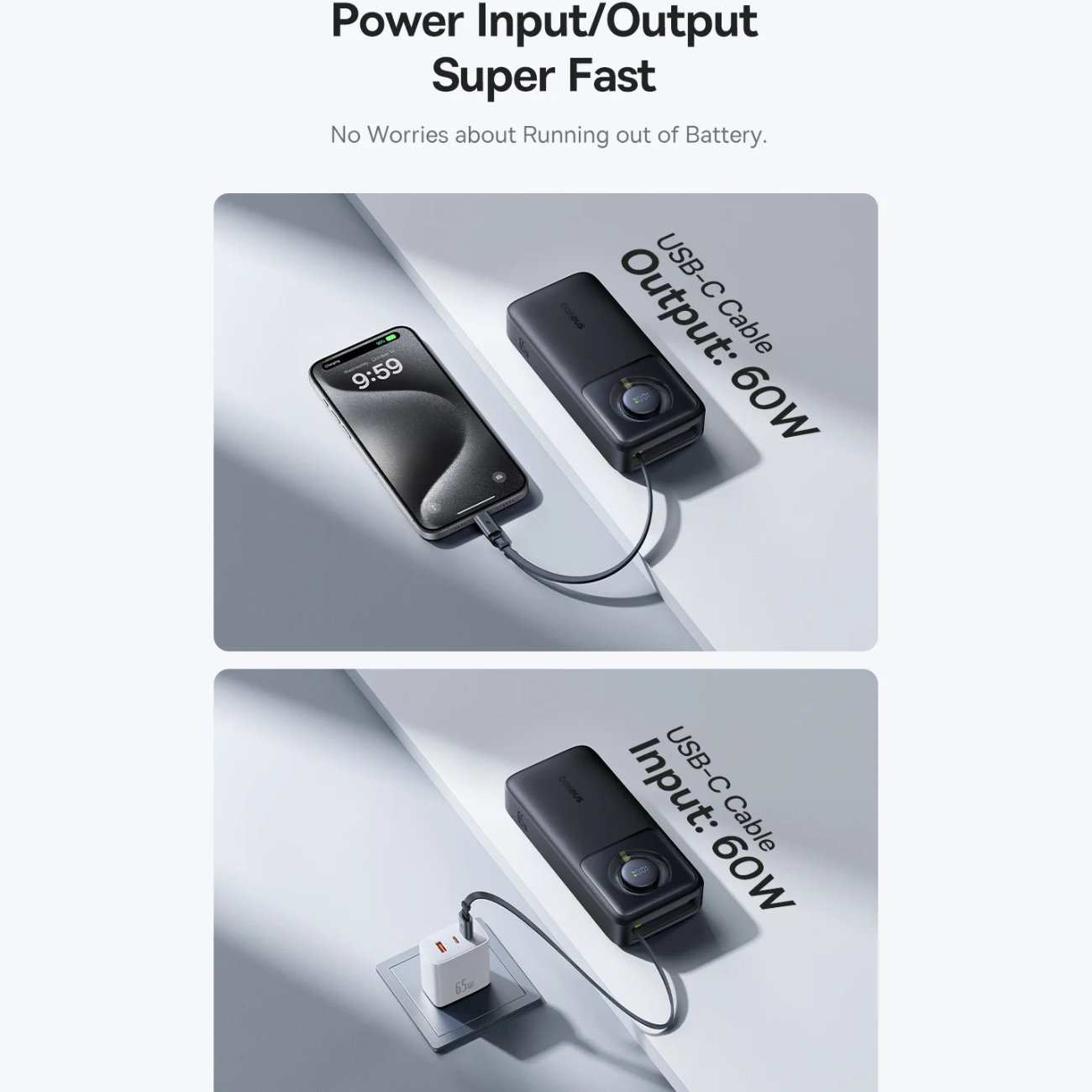 پاور بانک فست شارژ تایپ سی 65 وات 20000 با کابل تایپ سی بیسوس P10070900122-00