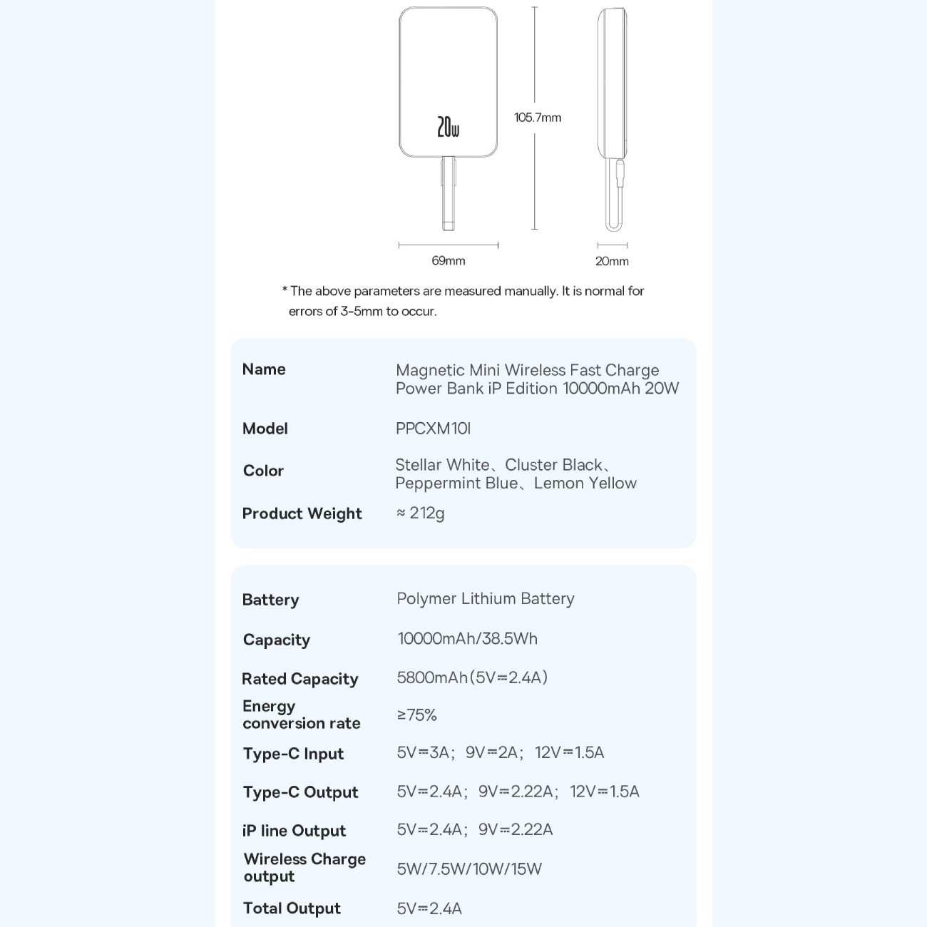 پاور بانک وایرلس مگنتی 20 وات 10000 با کابل لایتنینگ بیسوس P10022108212-00
