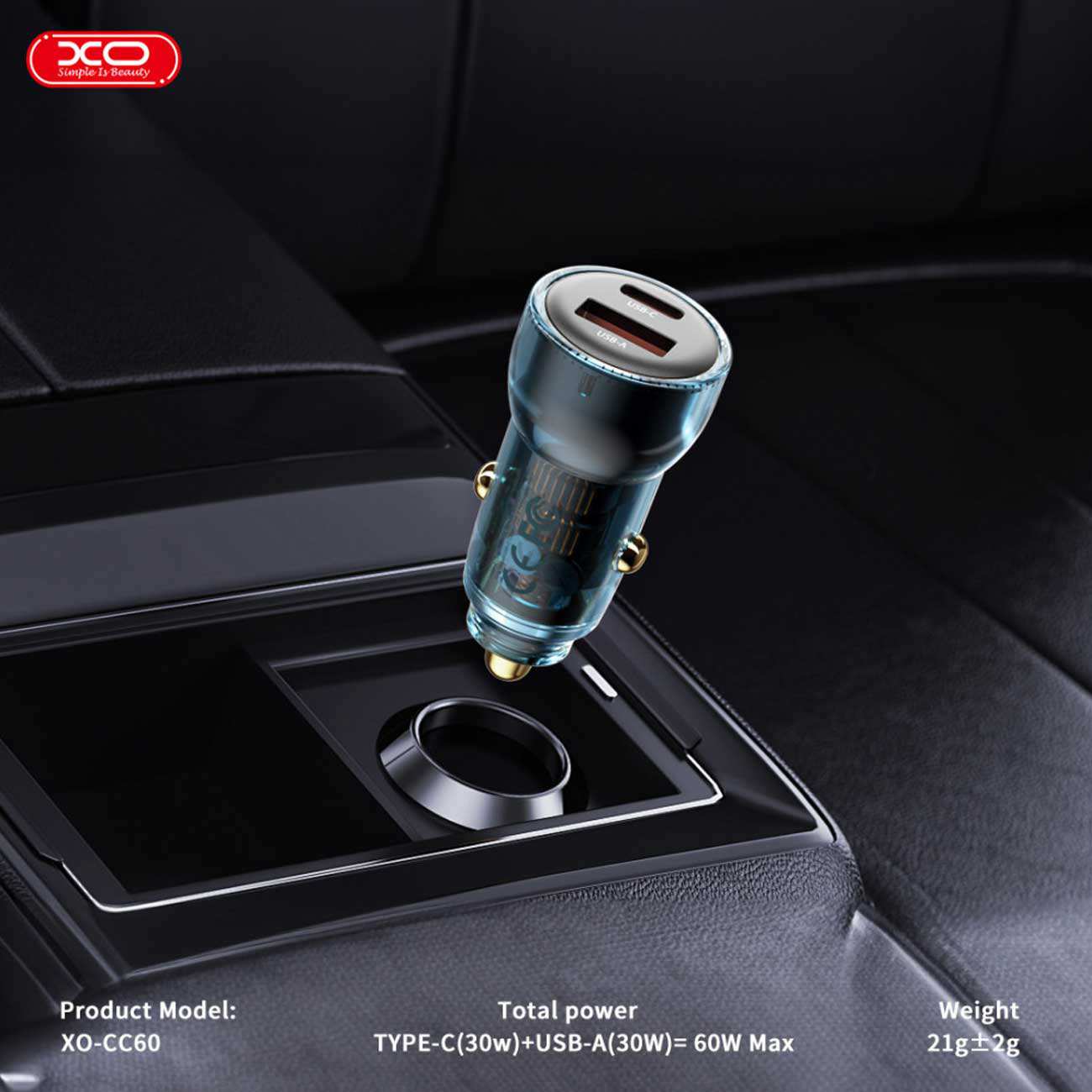 شارژر فندکی فست شارژ ماشین تایپ سی 60 وات 3 آمپر ایکس او CC60