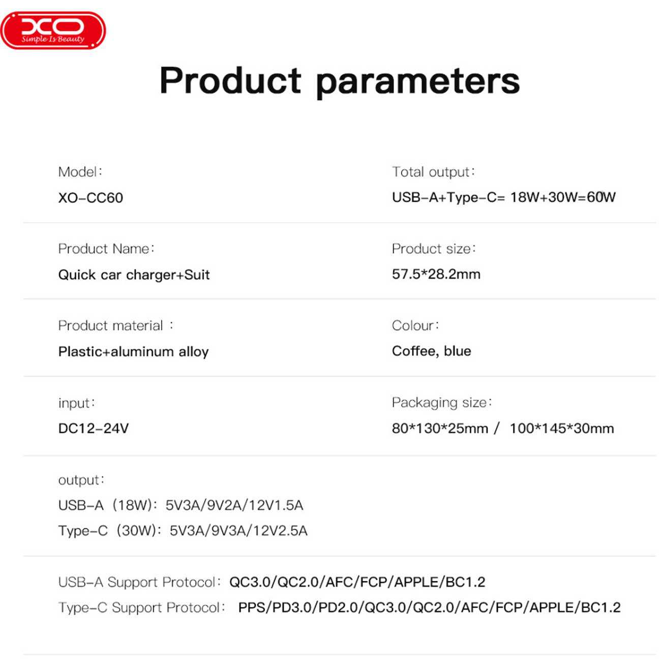 شارژر فندکی فست شارژ ماشین تایپ سی 60 وات 3 آمپر ایکس او CC60