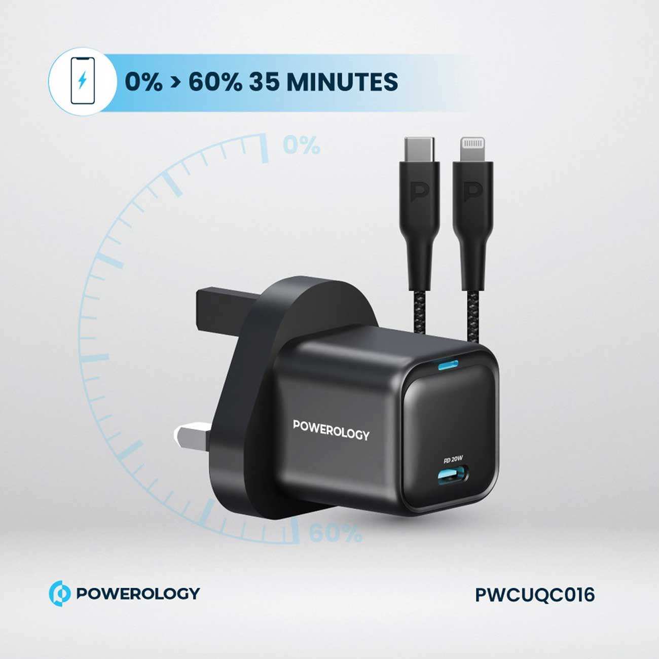 شارژر دیواری فست شارژ تایپ سی 20 وات پاورولوژی PWCUQC016