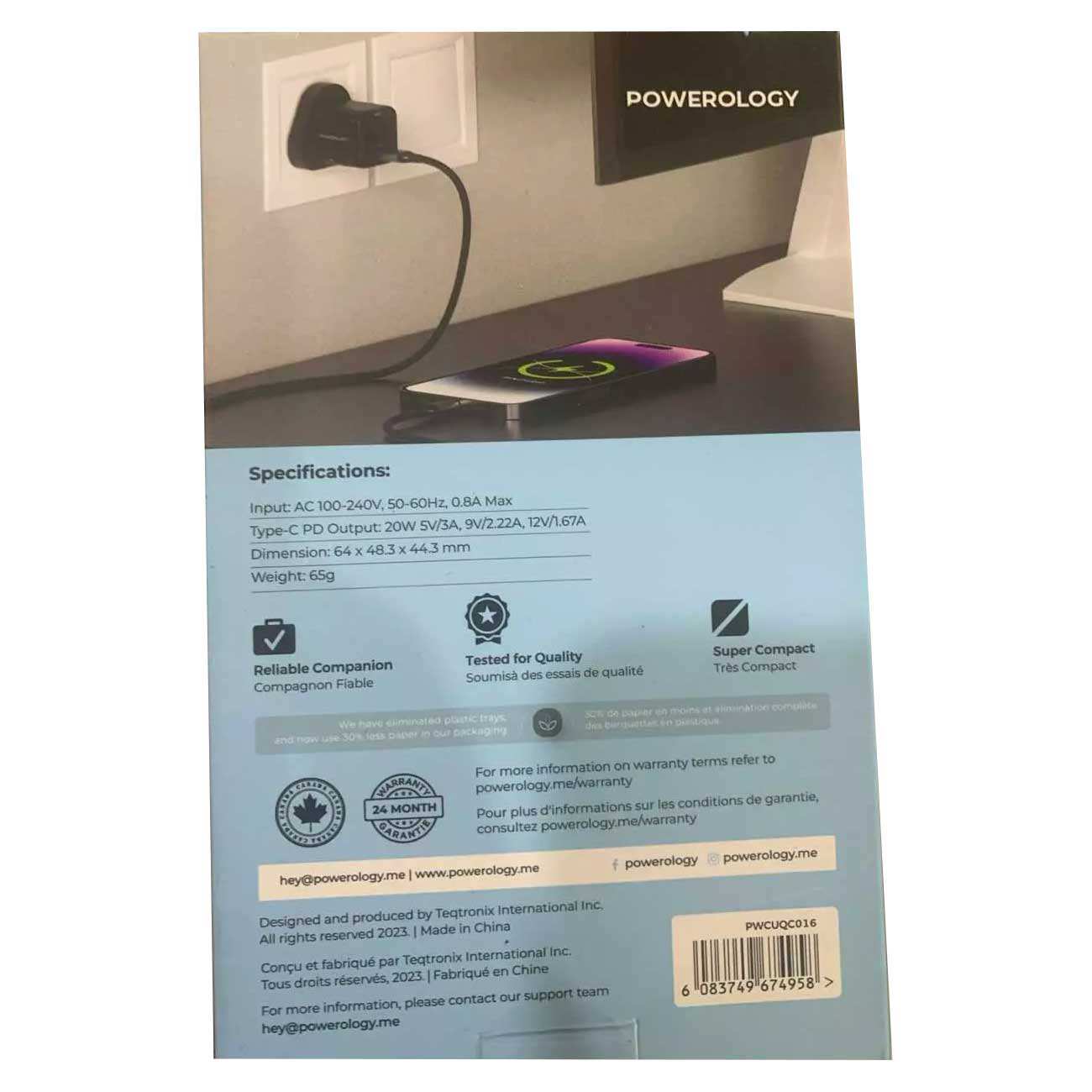 شارژر دیواری فست شارژ تایپ سی 20 وات پاورولوژی PWCUQC016