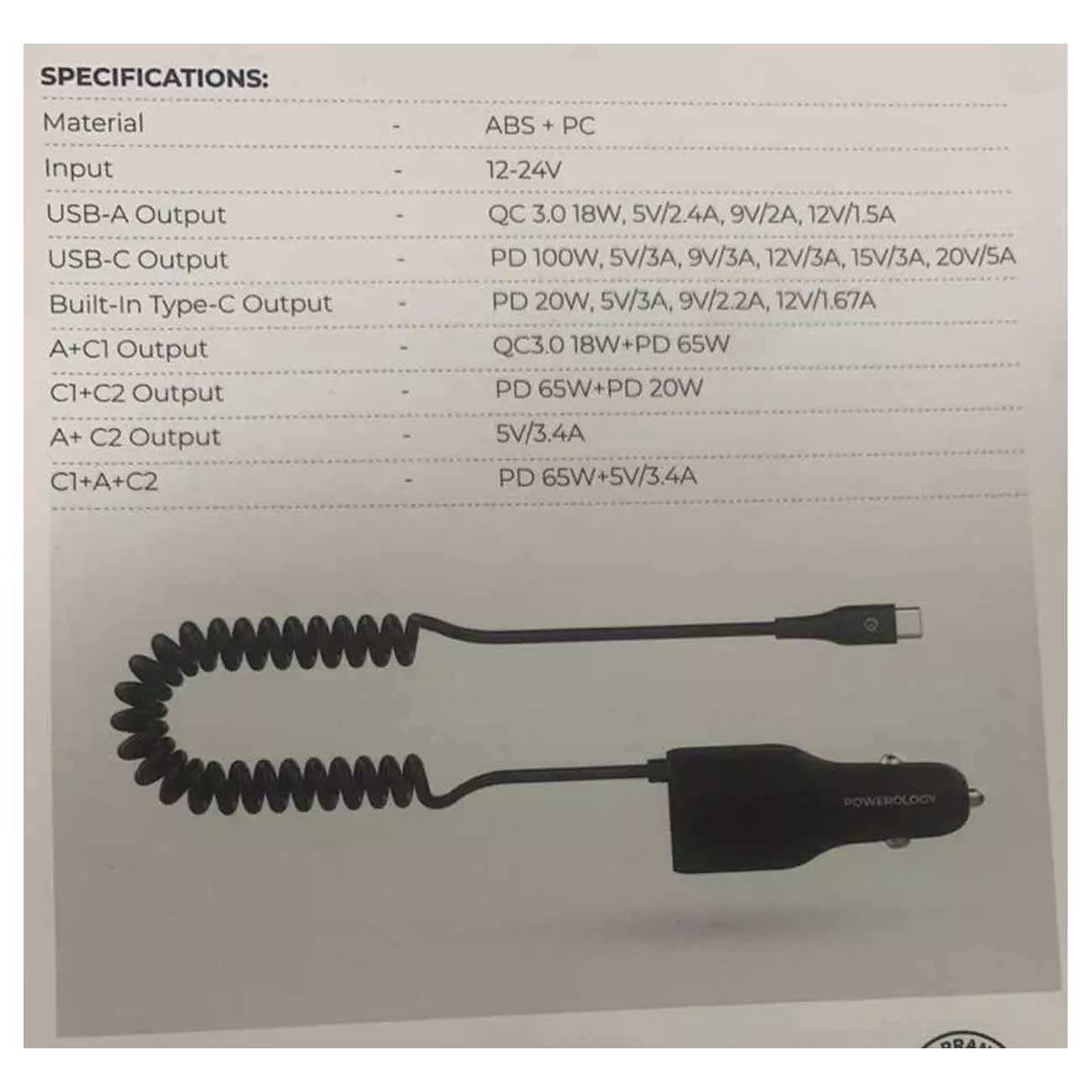 شارژر فندکی فست شارژ ماشین تایپ سی 100 وات پاورولوژی PCCSR016
