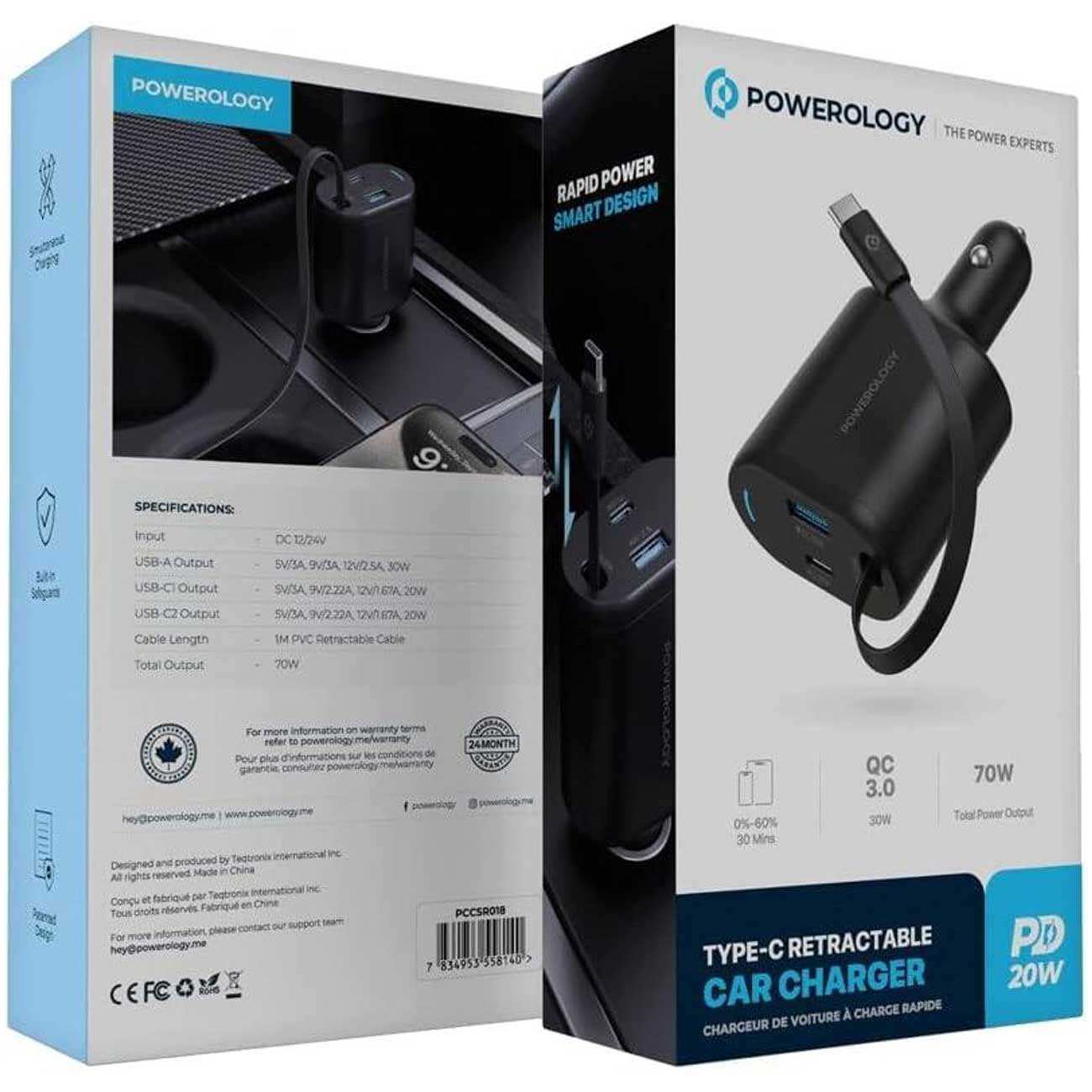 شارژر فندکی فست شارژ ماشین تایپ سی 70 وات پاورولوژی PCCSR018