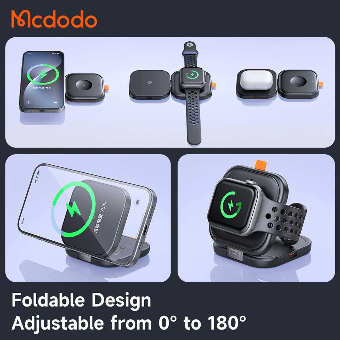 شارژر وایرلس 15 وات گوشی آیفون و هندزفری بلوتوثی دوکاره مک دودو همراه کابل دوسر تایپ سی CH-216