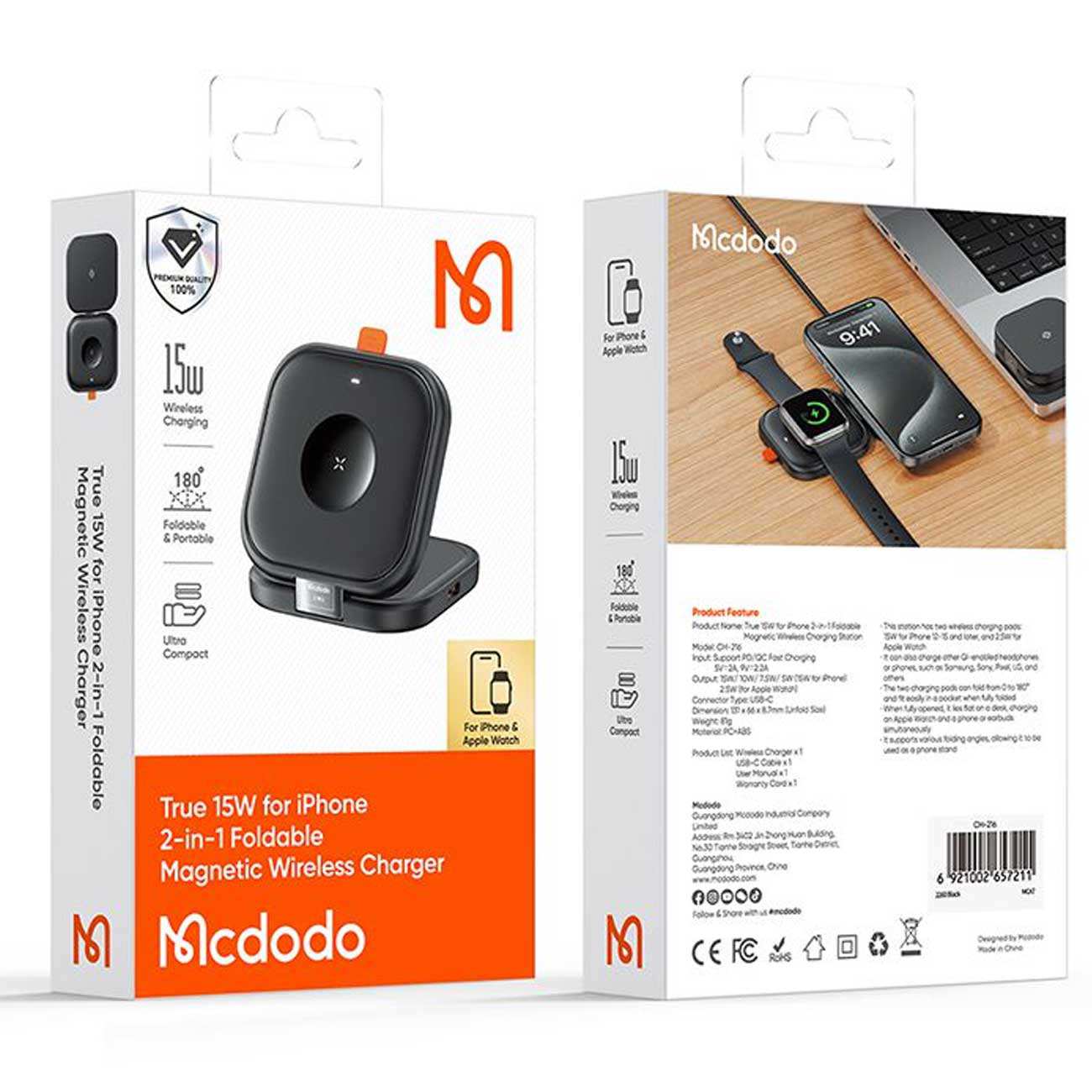 شارژر وایرلس 15 وات گوشی آیفون و هندزفری بلوتوثی دوکاره مک دودو همراه کابل دوسر تایپ سی CH-216