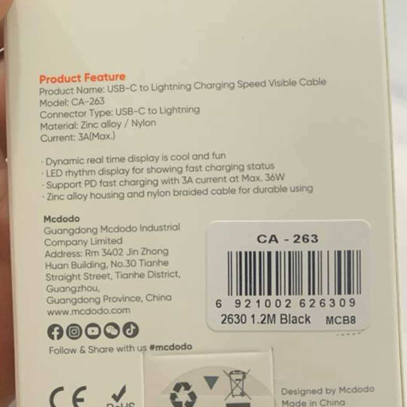 کابل شارژ سریع تایپ سی به لایتنینگ 36 وات 1.2 متری با قابلیت کارپلی و نمایشگر سرعت شارژ مک دودو CA-263