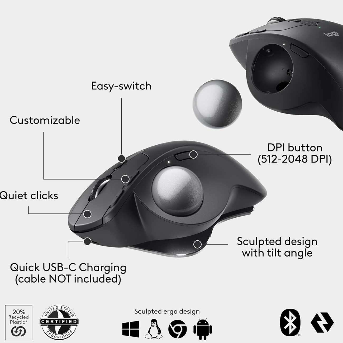 موس ترک بال بی سیم دو حالته لاجیتک MX Ergo Graphite