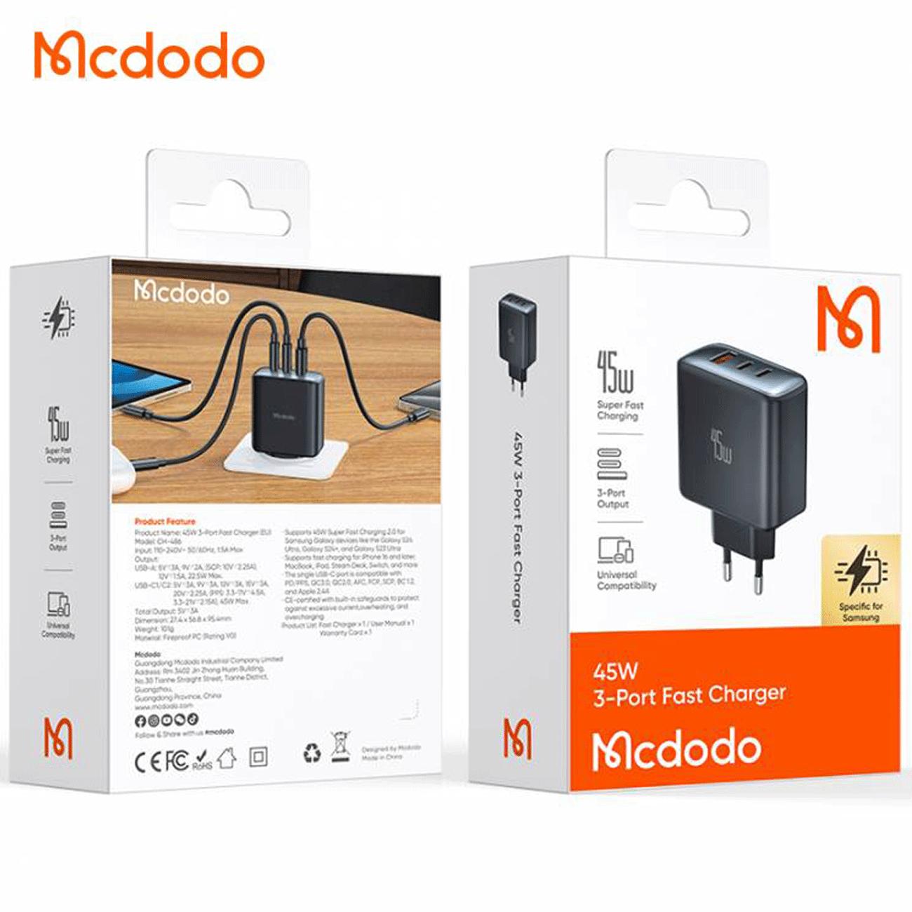 شارژر دیواری تایپ سی و یو اس بی 45 وات مک دودو CH-4860