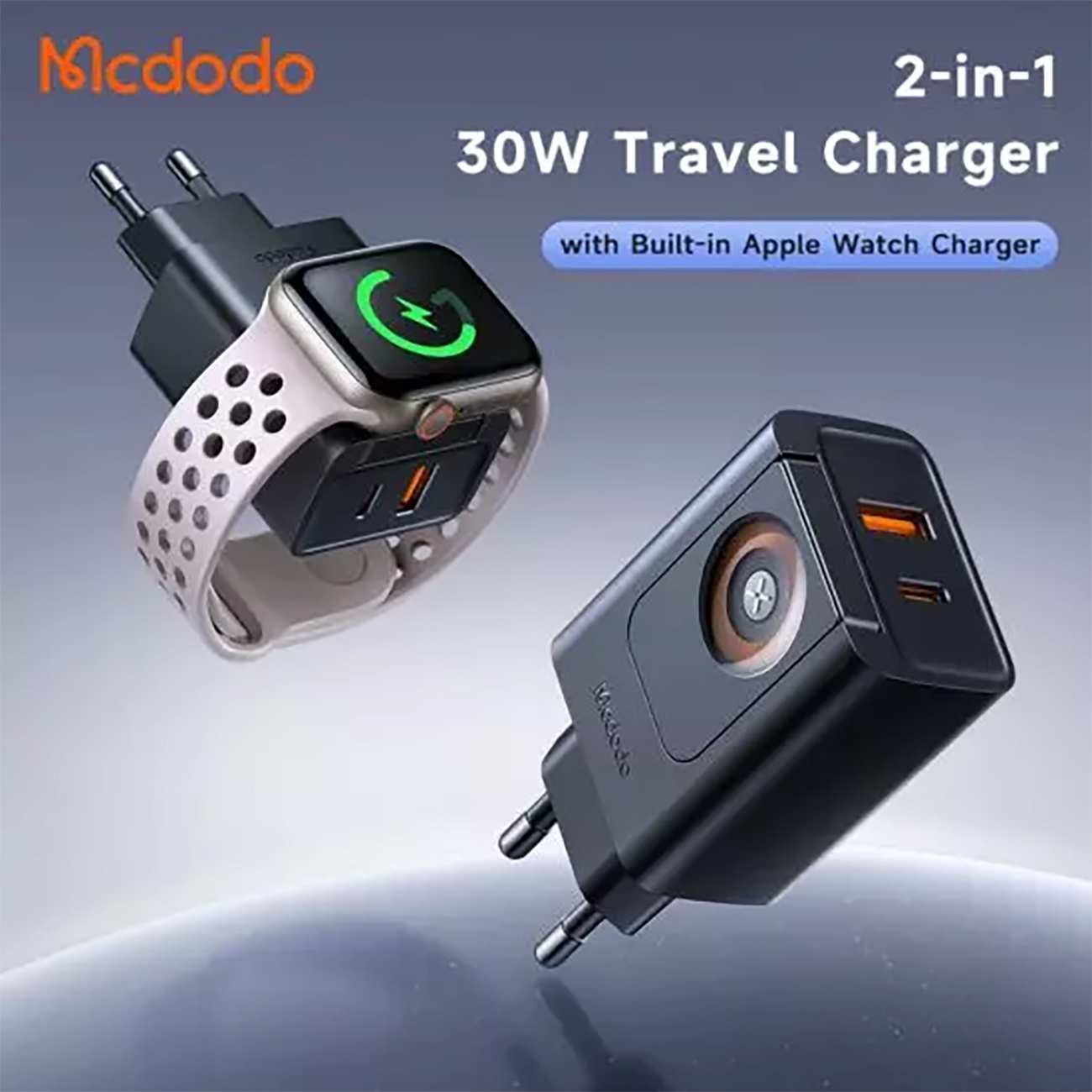 شارژر دیواری تایپ سی و یو اس بی 30 وات و شارژر وایرلس اپل واچ مک دودو CH-3700