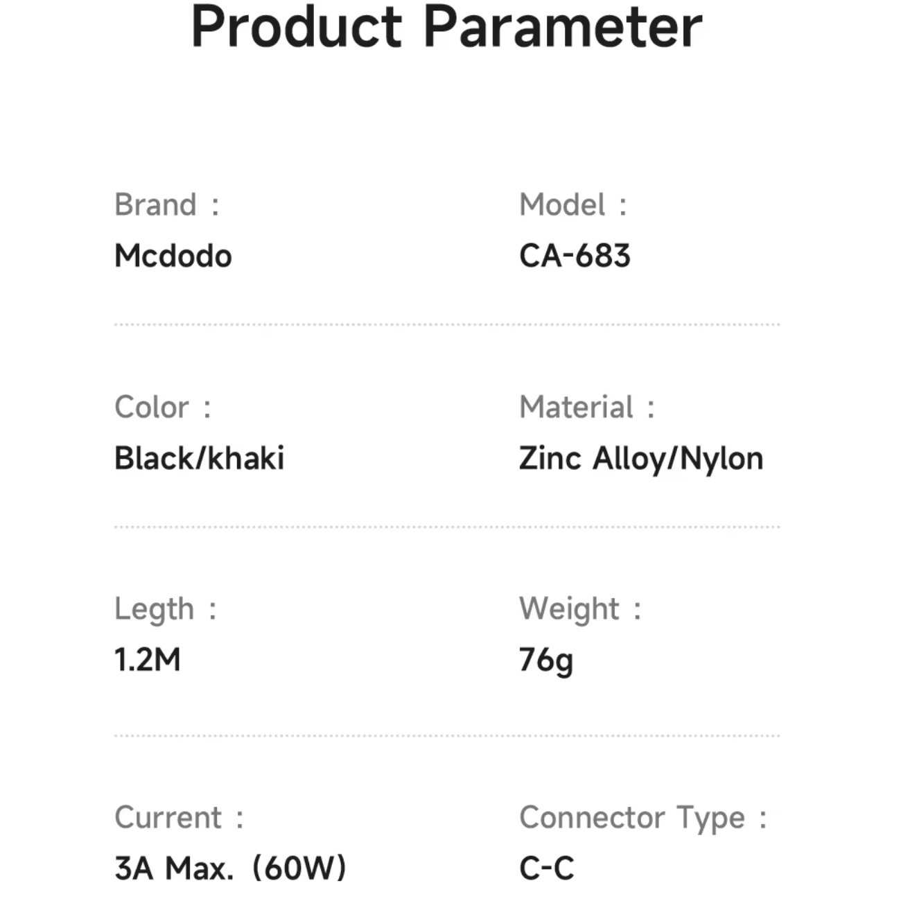 کابل شارژ سریع تایپ سی به تایپ سی کراسبادی 60 وات 1.2 متری مک دودو CA-683
