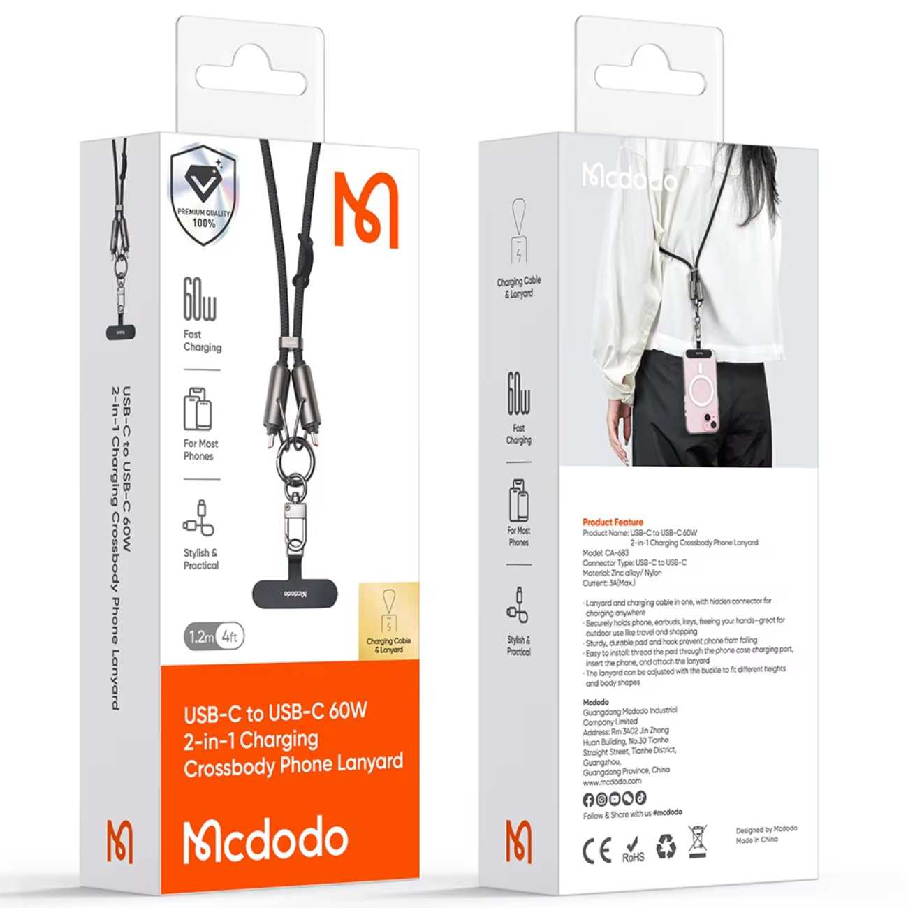 کابل شارژ سریع تایپ سی به تایپ سی کراسبادی 60 وات 1.2 متری مک دودو CA-683