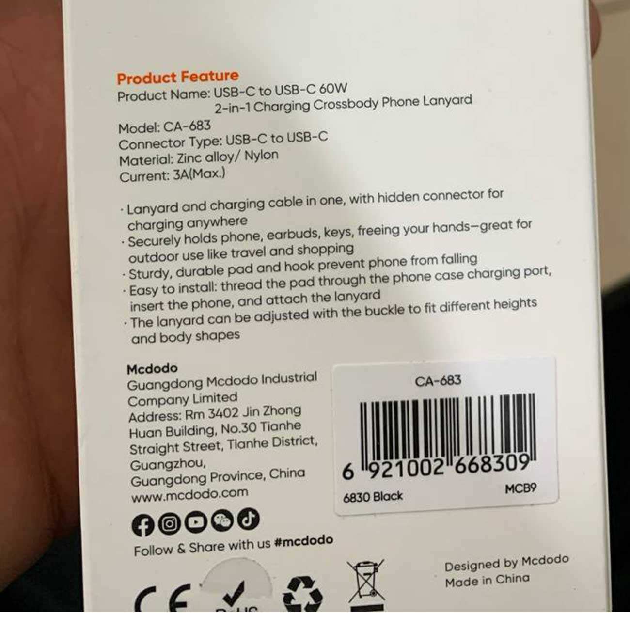 کابل شارژ سریع تایپ سی به تایپ سی کراسبادی 60 وات 1.2 متری مک دودو CA-683