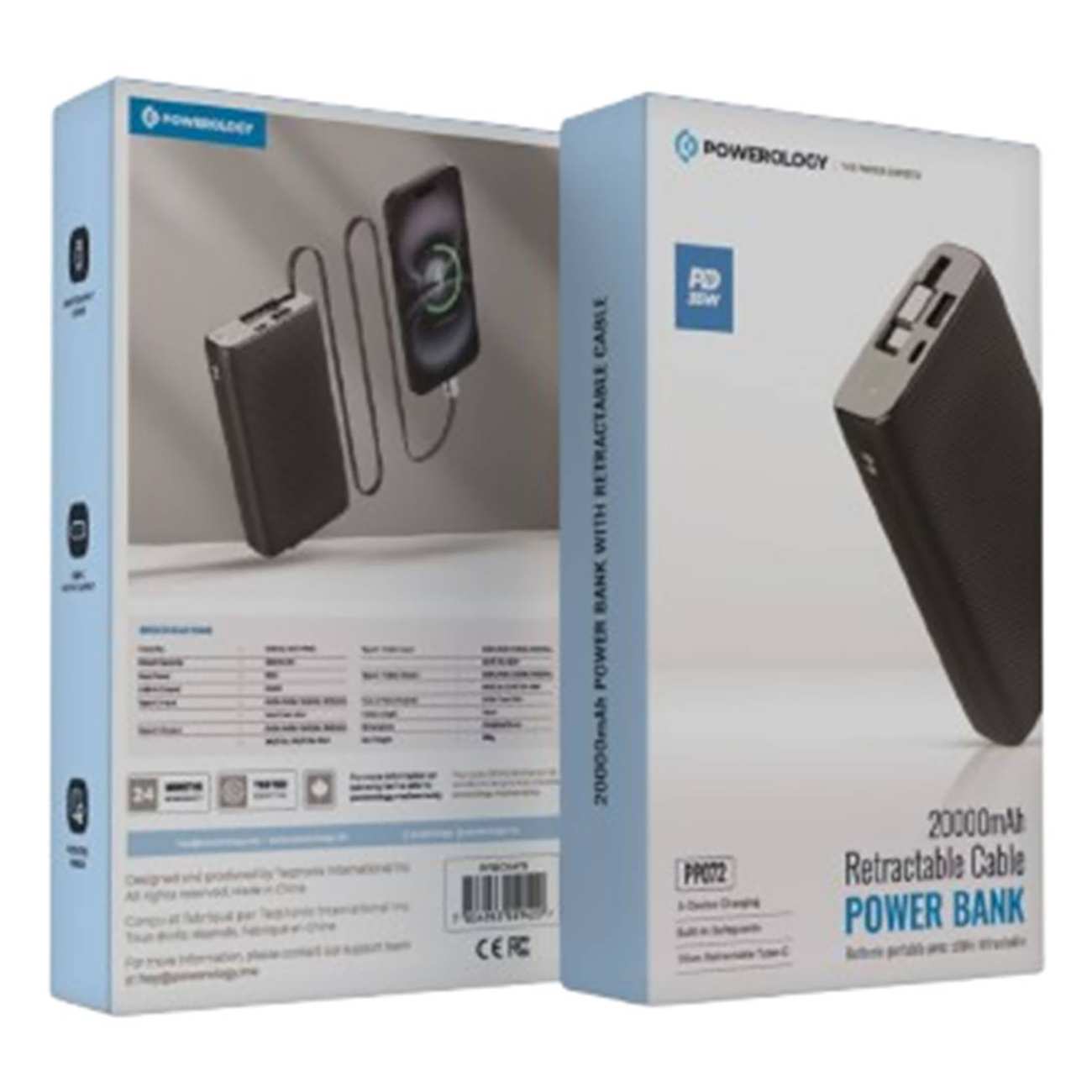 پاوربانک 35 وات 20000 پاورولوژی به همراه کابل تایپ سی جمع شونده ppbcha72