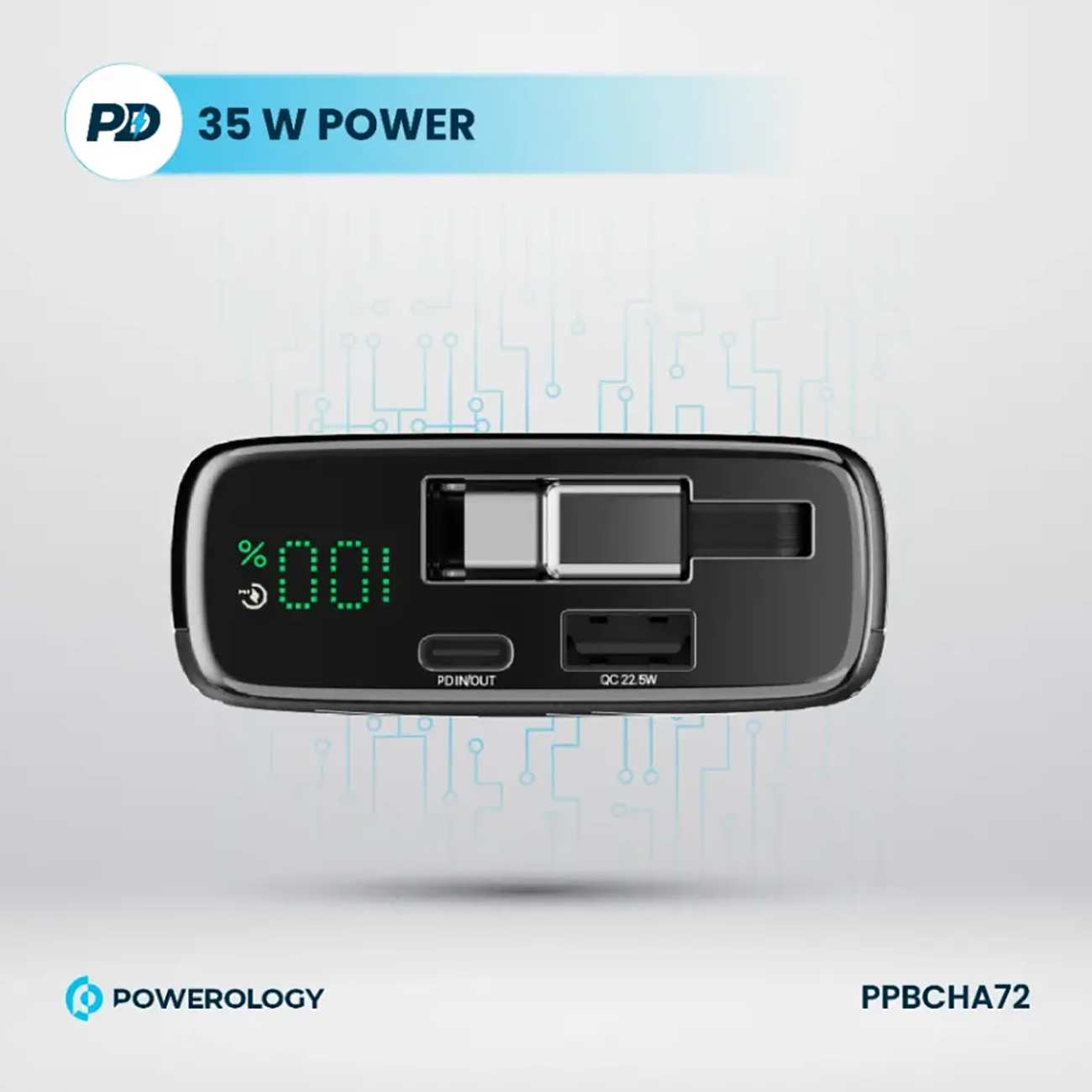 پاوربانک 35 وات 20000 پاورولوژی به همراه کابل تایپ سی جمع شونده ppbcha72