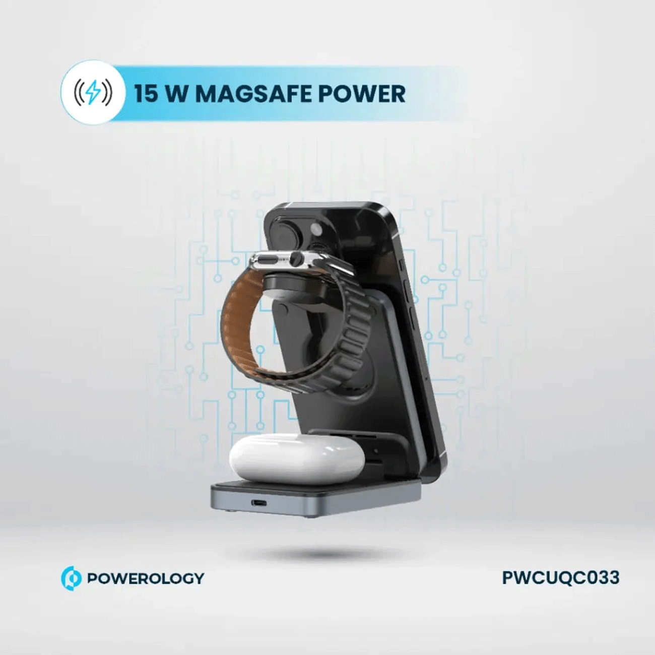 شارژر وایرلس مگنتی رومیزی 15 وات پاورولوژی PWCUQC033
