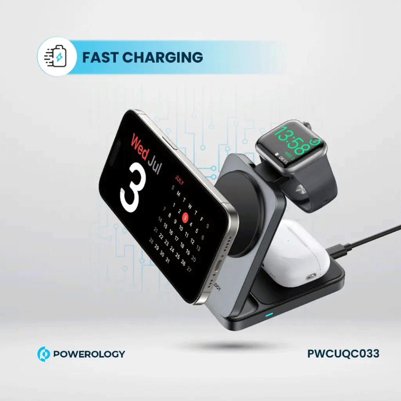 شارژر وایرلس مگنتی رومیزی 15 وات پاورولوژی PWCUQC033