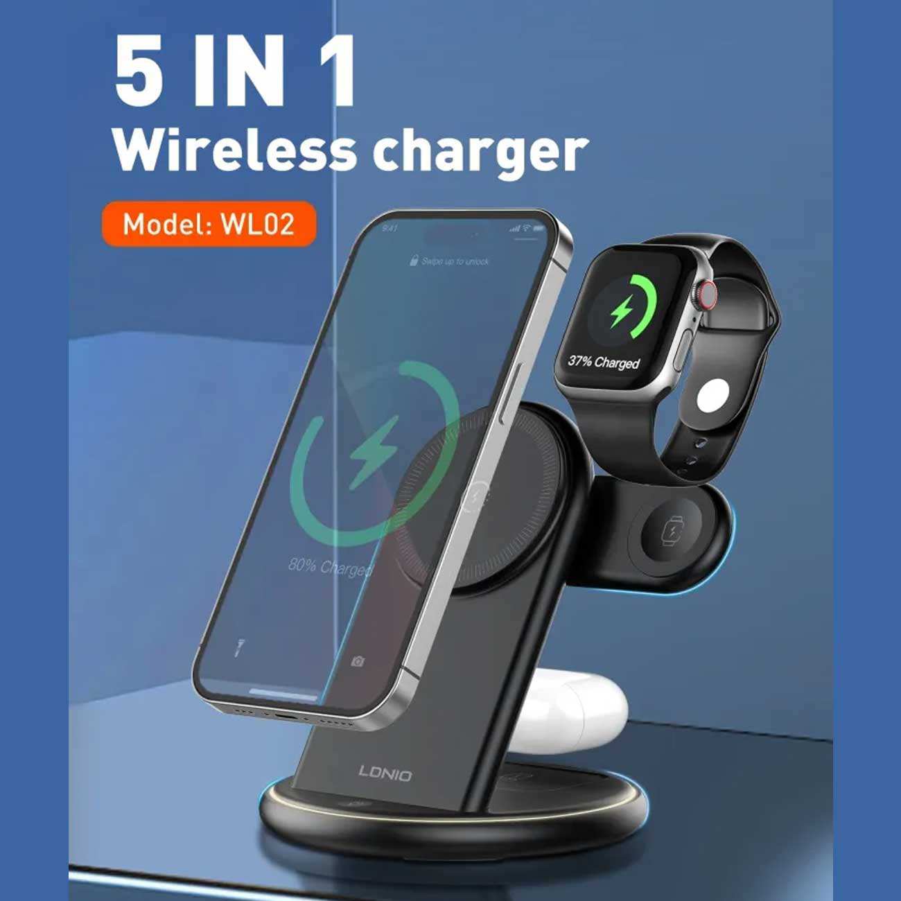 استند و شارژر وایرلس رومیزی 5 کاره 15 وات الدنیو WL02