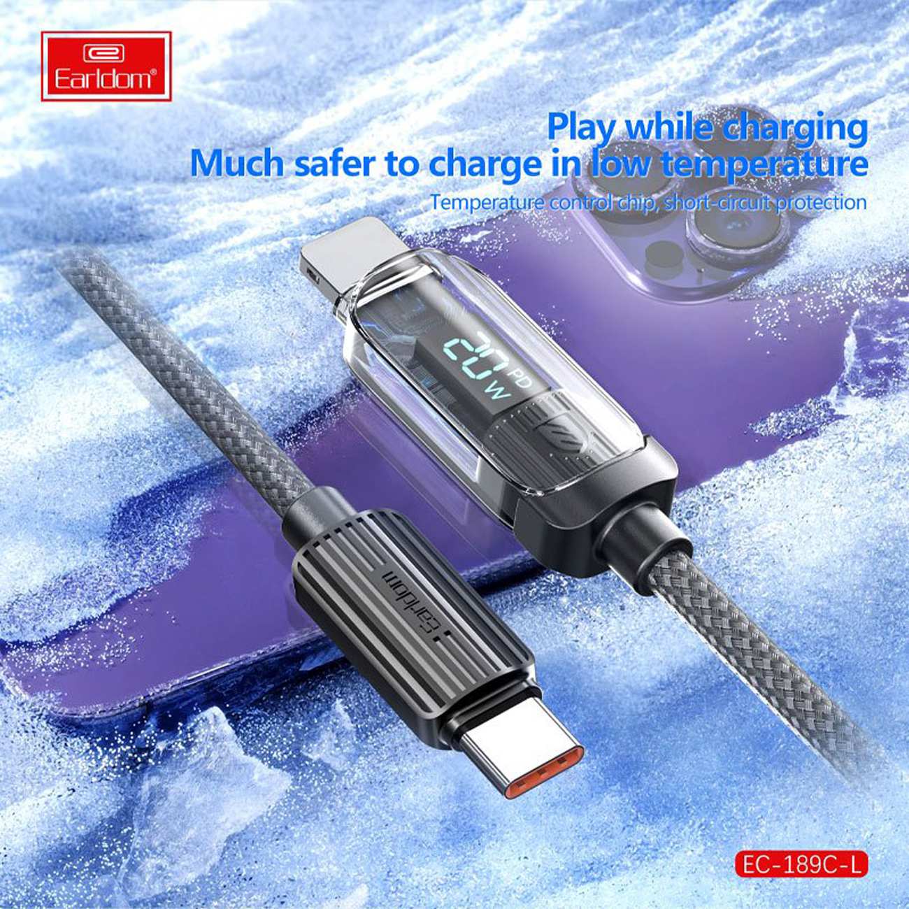 کابل شارژ سریع تایپ سی به لایتنینگ 30 وات یک متری ارلدام EC-189C-L