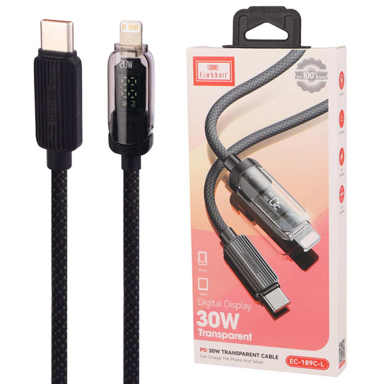 کابل شارژ سریع تایپ سی به لایتنینگ 30 وات یک متری ارلدام EC-189C-L