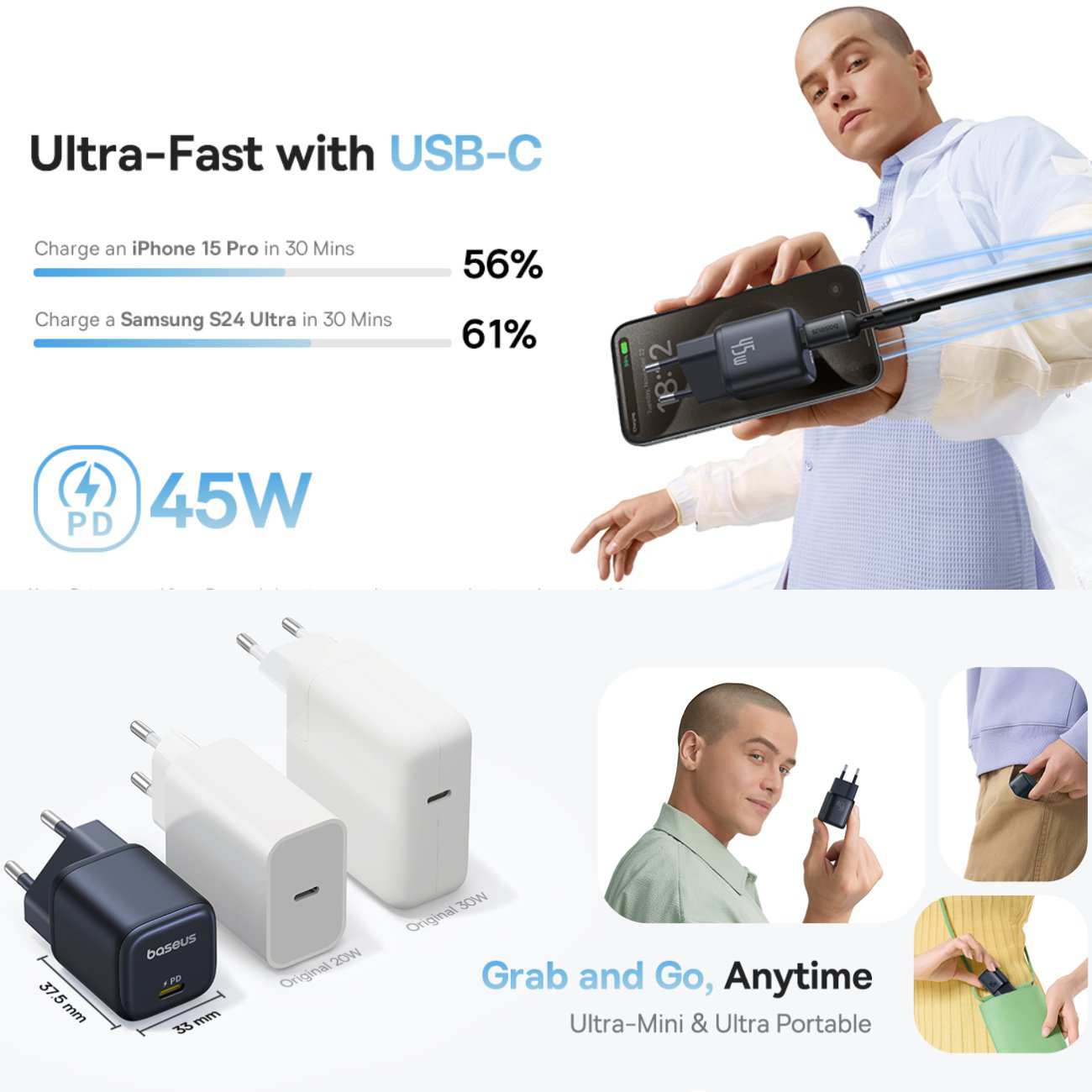 شارژر دیواری فست شارژ تایپ سی 45 وات بیسوس CCGAN45CE