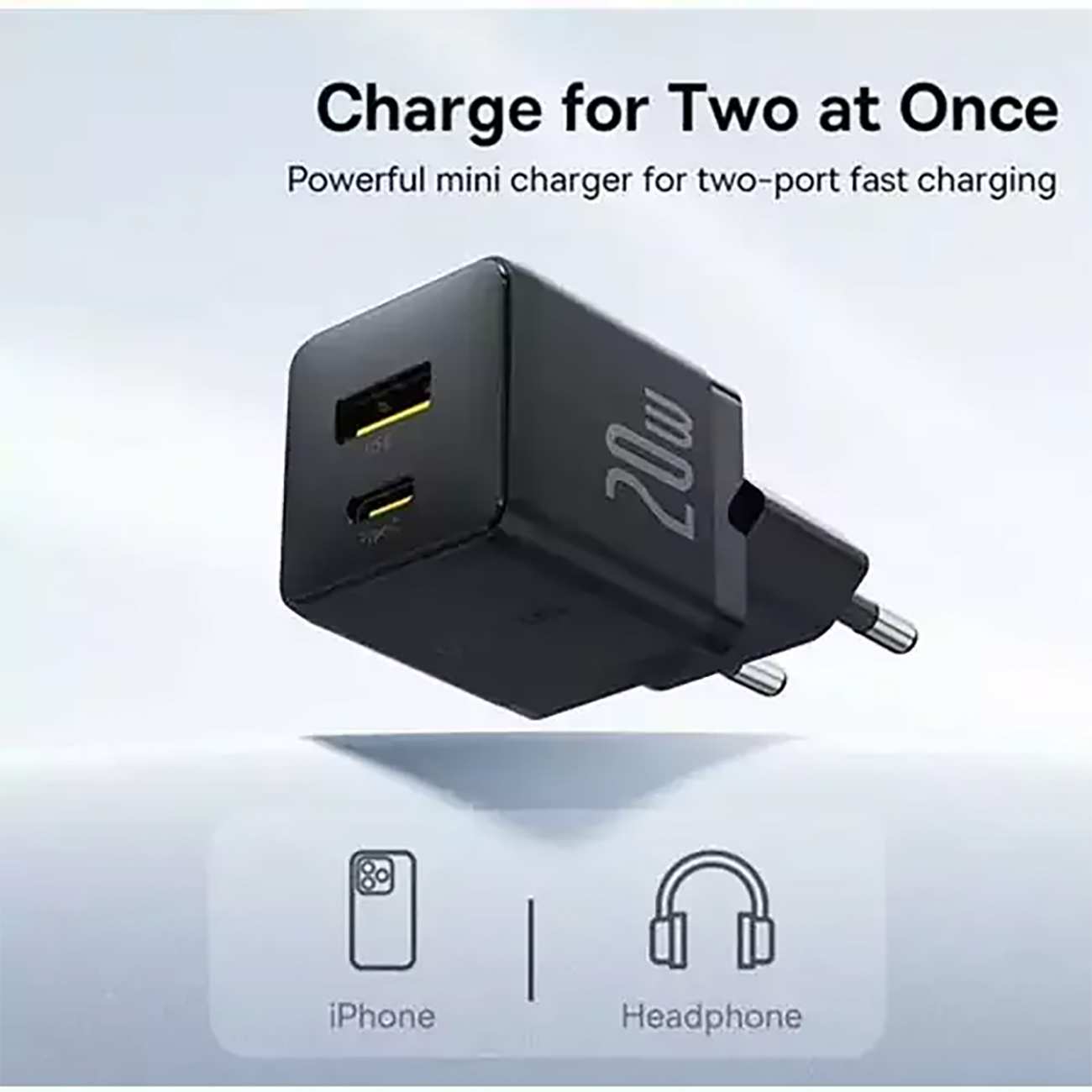 شارژر دیواری 20 وات فست شارژ Type-C و USB بیسوس با کابل دو سر تایپ سی CCZC20UE