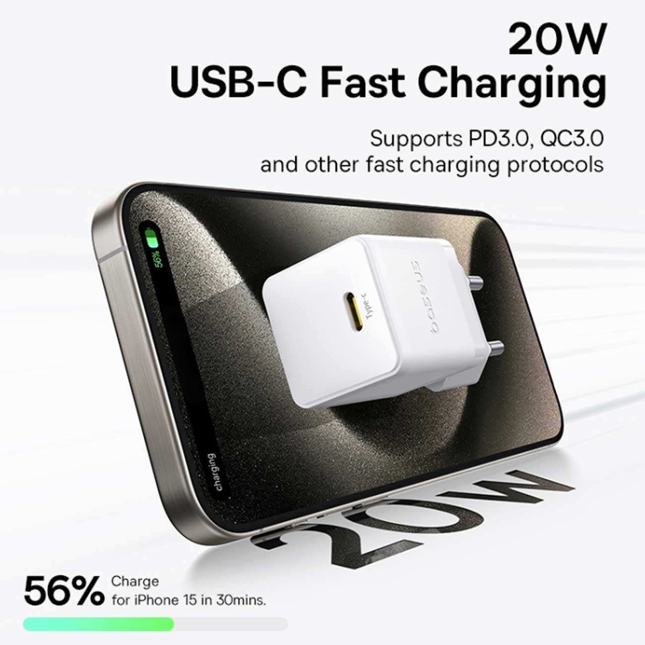 شارژر دیواری تایپ سی 20 وات بیسوس همراه با کابل دو سر تایپ سی 60 وات یک متری CCZC20CE