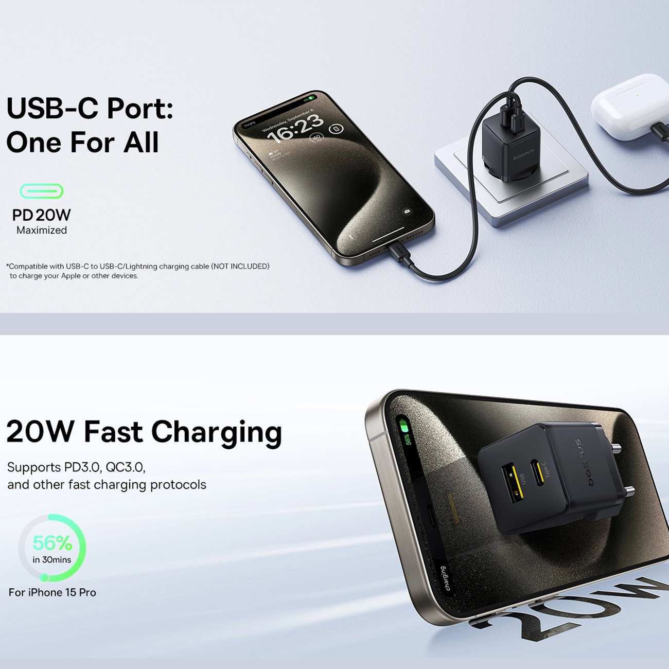 شارژر دیواری فست شارژ تایپ سی و یو اس بی 20 وات بیسوس CCZC20UE