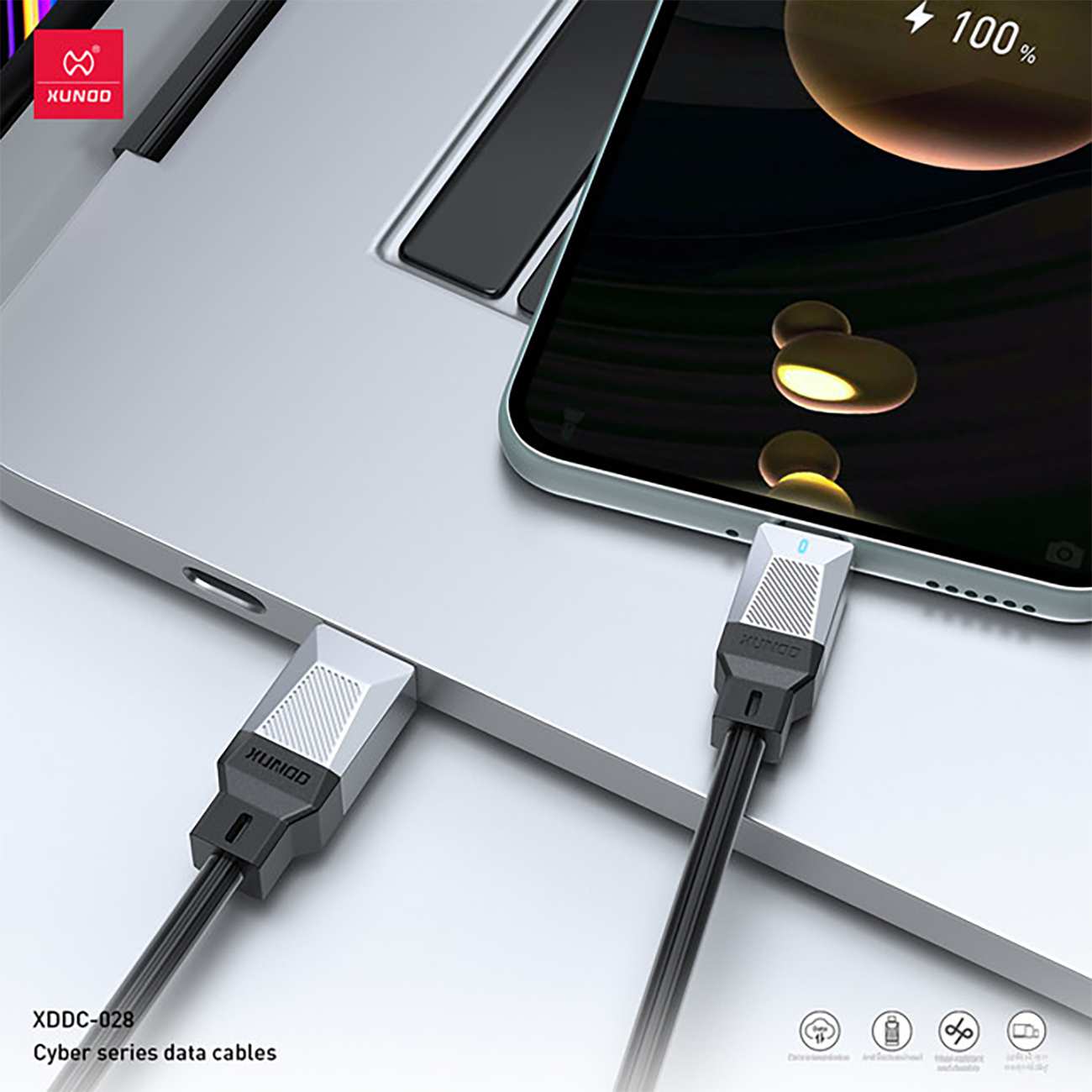 کابل چند سر سوپر فست شارژ 100 وات 6 آمپر یو اس بی به تایپ سی و لایتنینگ 1 متری یاندو XDDC-028
