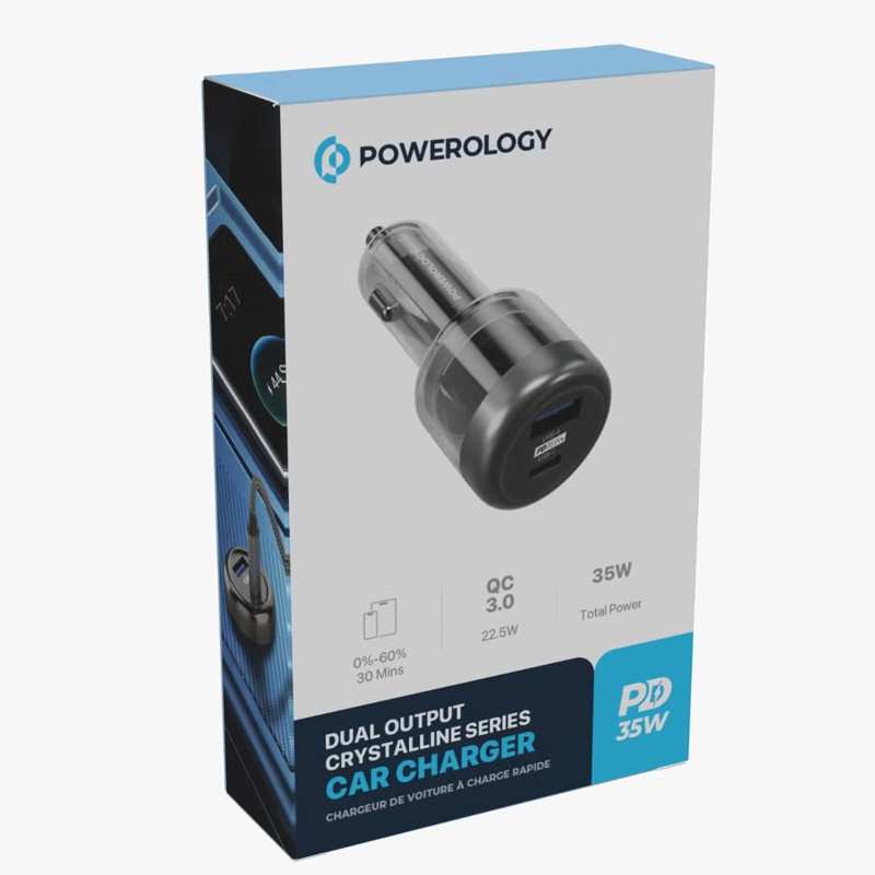 شارژر فندکی فست شارژ ماشین تایپ سی 35 وات طرح شفاف پاورولوژی PCCSR017