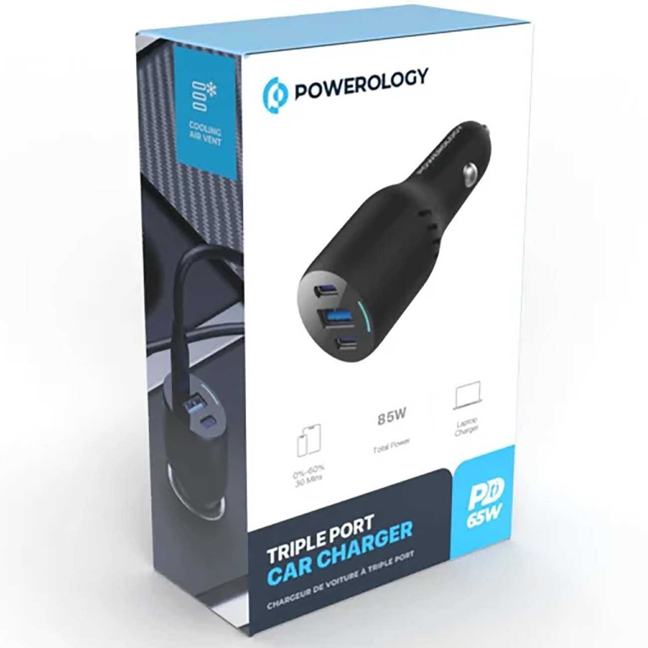 شارژر فندکی فست شارژ ماشین تایپ سی و یو اس بی 85 وات پاورولوژی PCCSR014