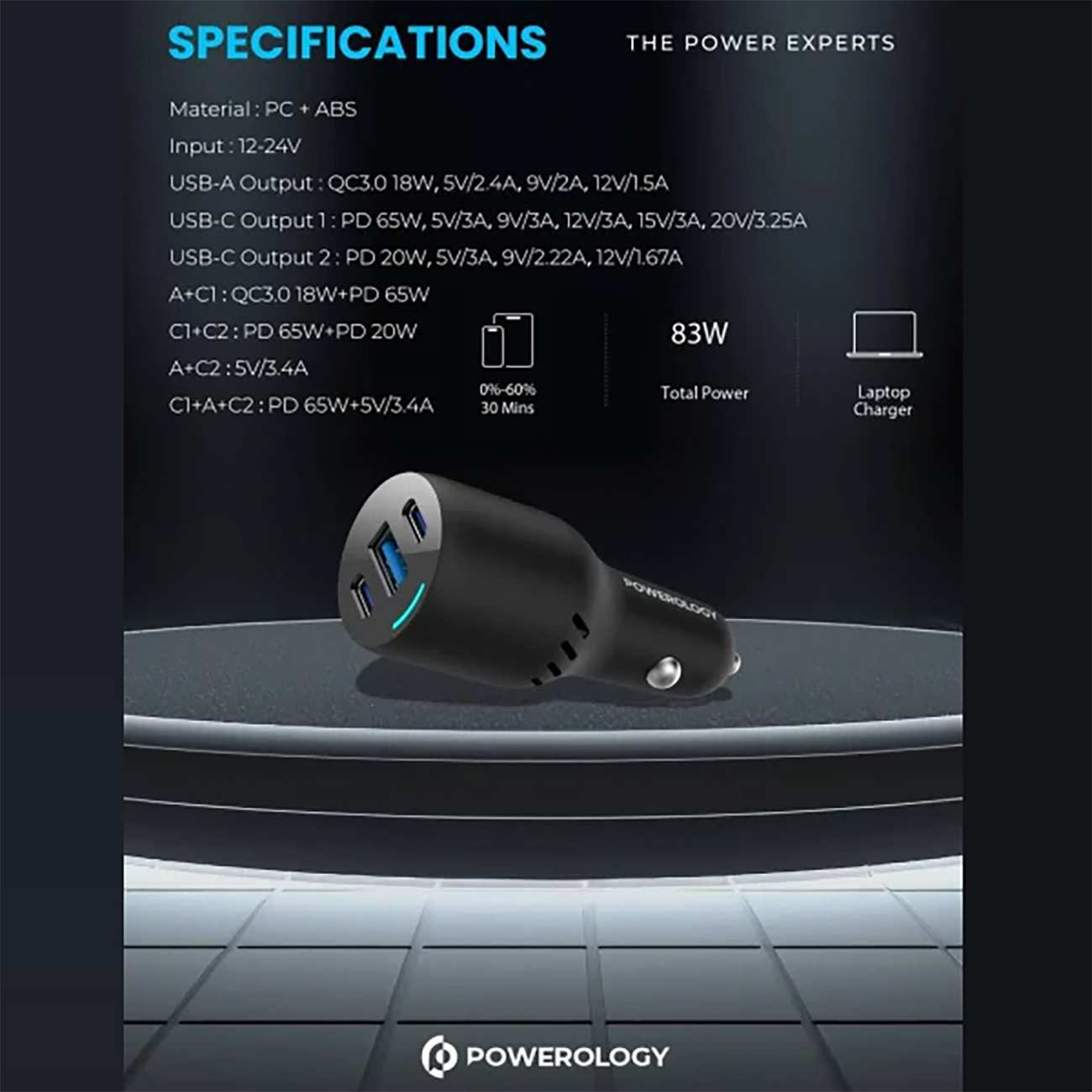 شارژر فندکی فست شارژ ماشین تایپ سی و یو اس بی 85 وات پاورولوژی PCCSR014