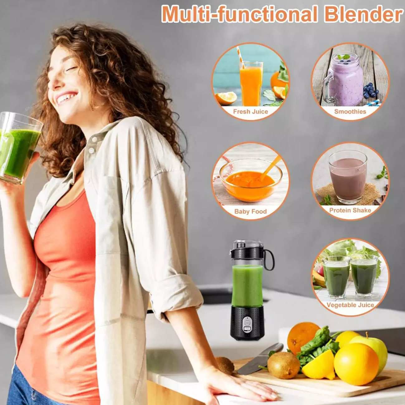 شیکر و آبمیوه گیری شارژی قابل حمل 380 میلی لیتر گرین لاین GNBLNDMPJBK