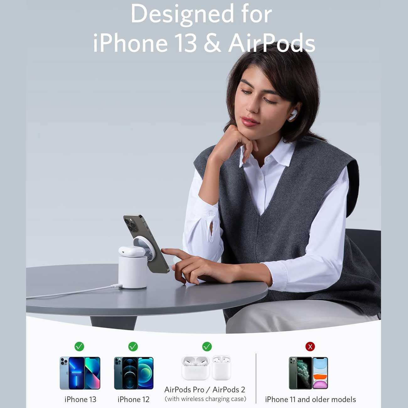 استند و شارژر وایرلس 15 وات گوشی آیفون 12/13/14 و هندزفری بلوتوثی انکر 623 B2568231