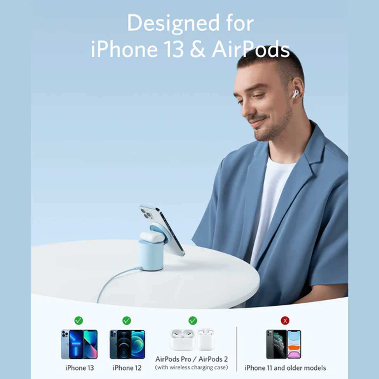 استند و شارژر وایرلس 15 وات گوشی آیفون 12/13/14 و هندزفری بلوتوثی انکر 623 B2568231