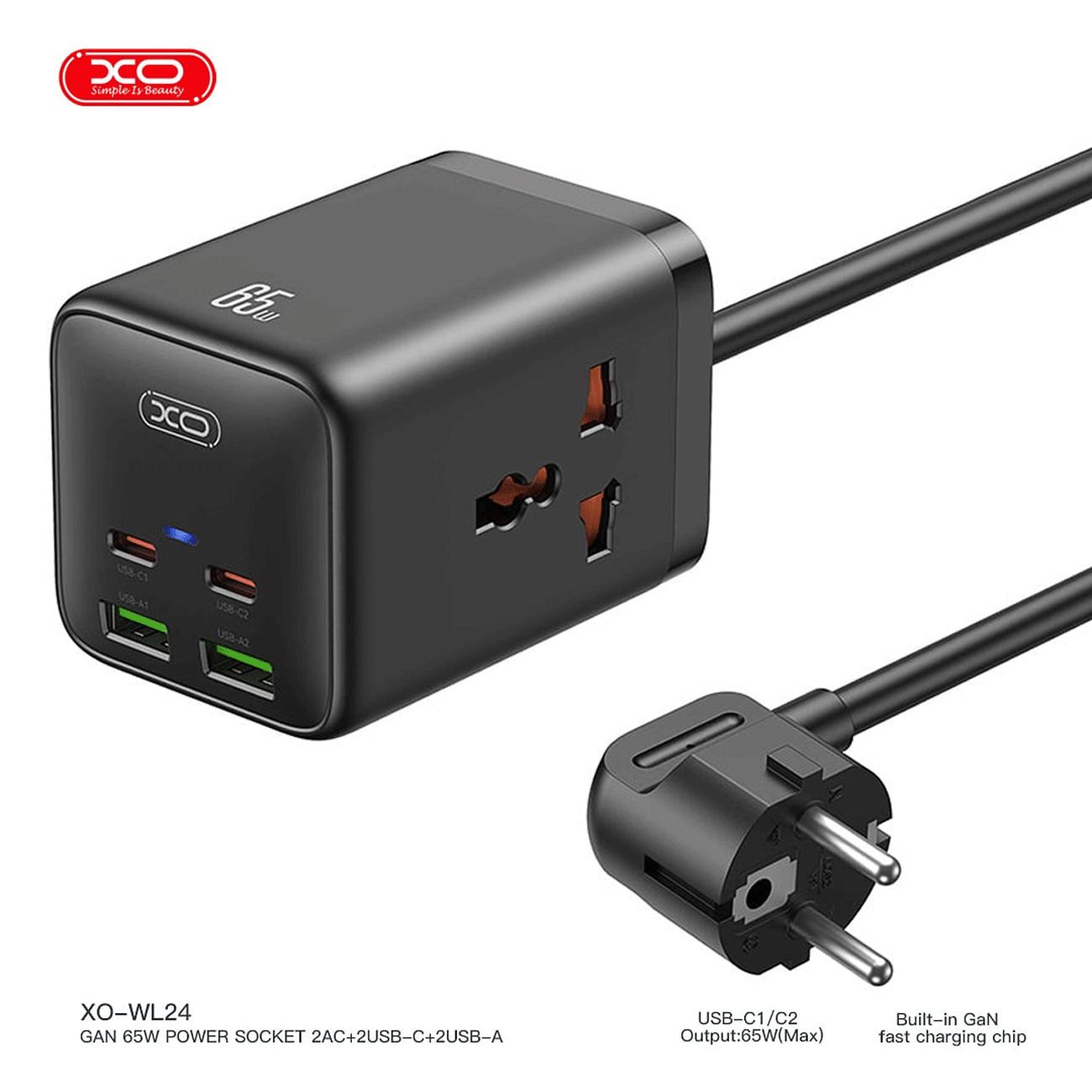 چندراهی دو سوکت برق، دو تایپ سی و دو یو اس بی 65 وات ایکس او WL24