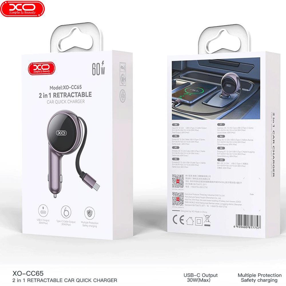 شارژر فندکی فست شارژ خودرو Type-C با کابل تایپ سی 60 وات CC65