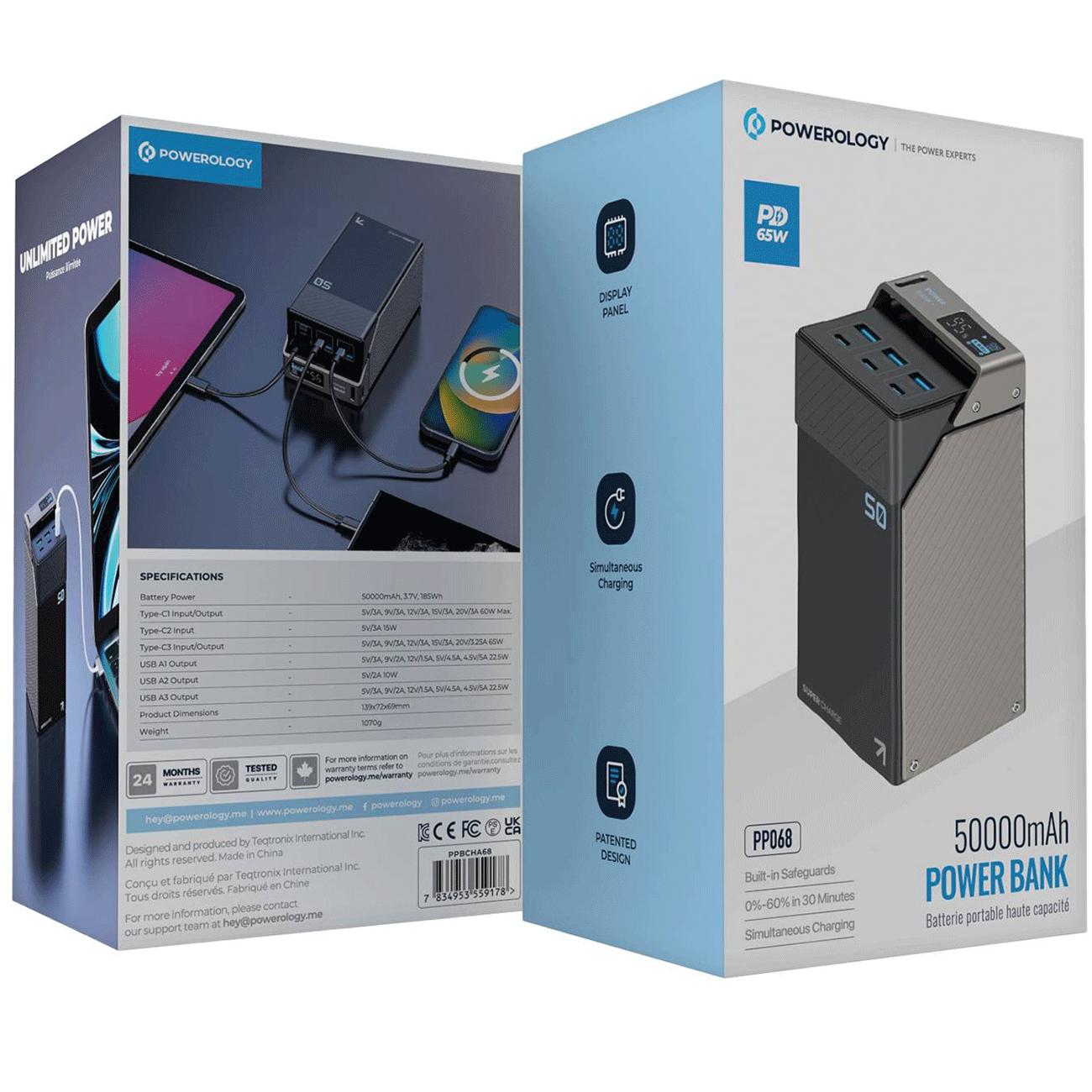 پاوربانک تایپ سی و یو اس بی شارژ سریع 65 وات 50000 پاورولوژی PPBCHA68
