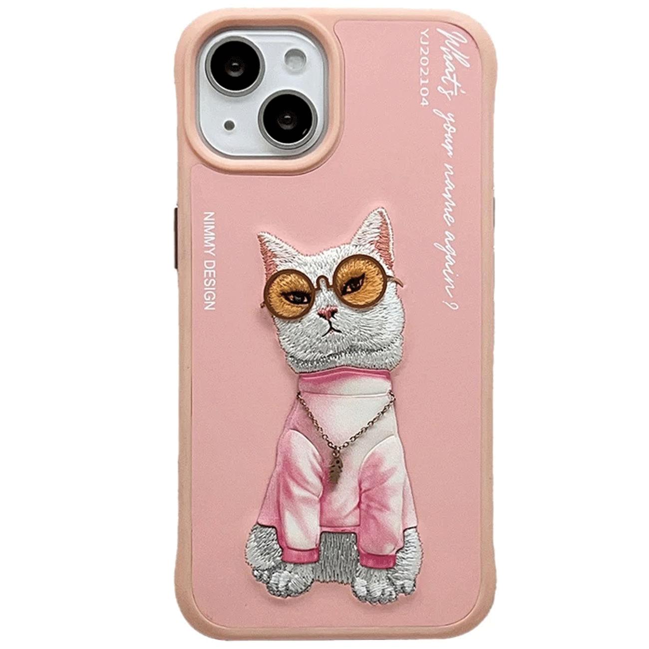 قاب محافظ گوشی آیفون 15 طرح گربه با زنجیر و عینک واقعی نیمی YJ202104