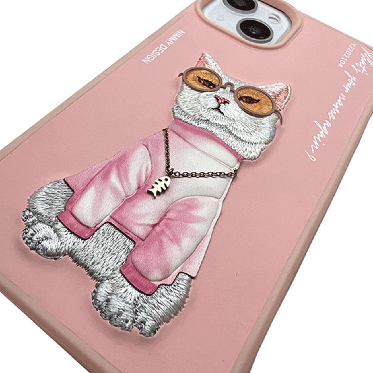 قاب محافظ گوشی آیفون 15 طرح گربه با زنجیر و عینک واقعی نیمی YJ202104