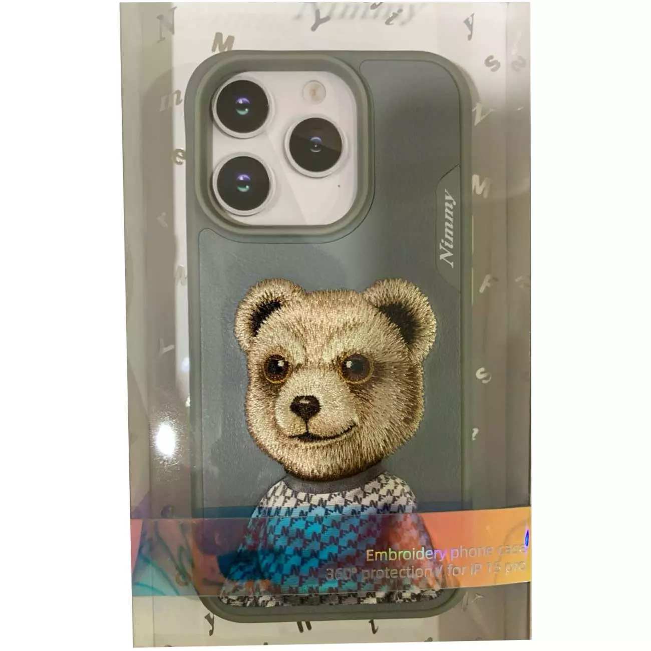 قاب محافظ گوشی آیفون 15 طرح خرس نیمی با موی واقعی